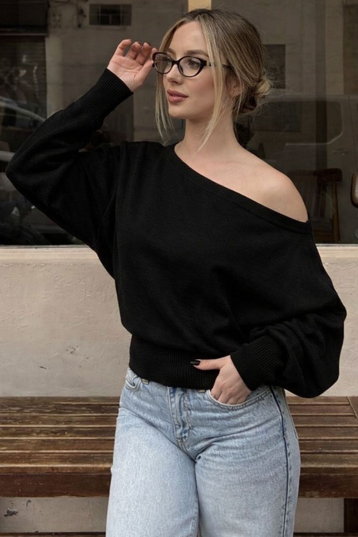 STF MODA  Kadın Popüler Asimetrik Kayık Yaka Triko Kazak - Görsel 4