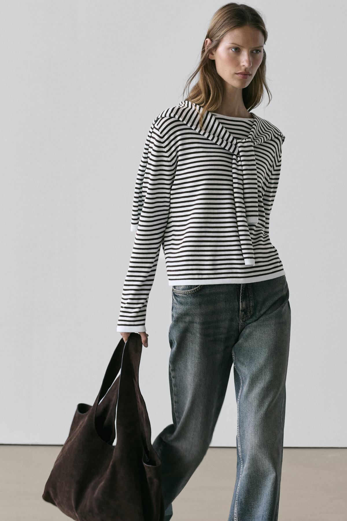 Massimo Dutti  Kolları detaylı çizgili triko kazak - Görsel 3