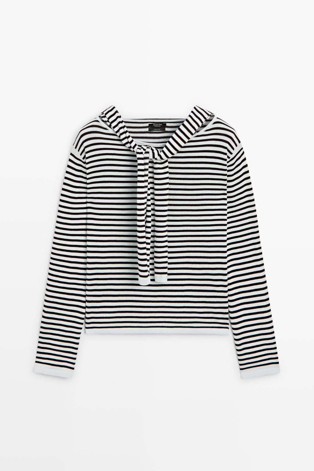 Massimo Dutti  Kolları detaylı çizgili triko kazak - Görsel 5