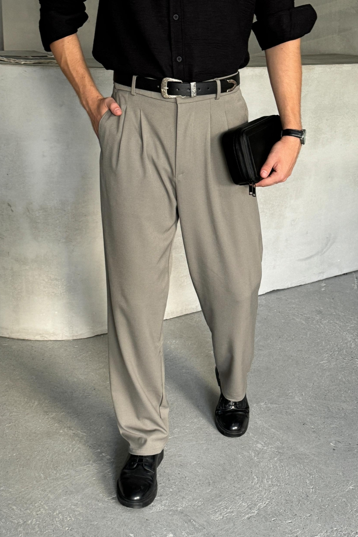 HYMAN  Erkek Pileli Baggy Kalıp Kumaş Pantolon - Görsel 3