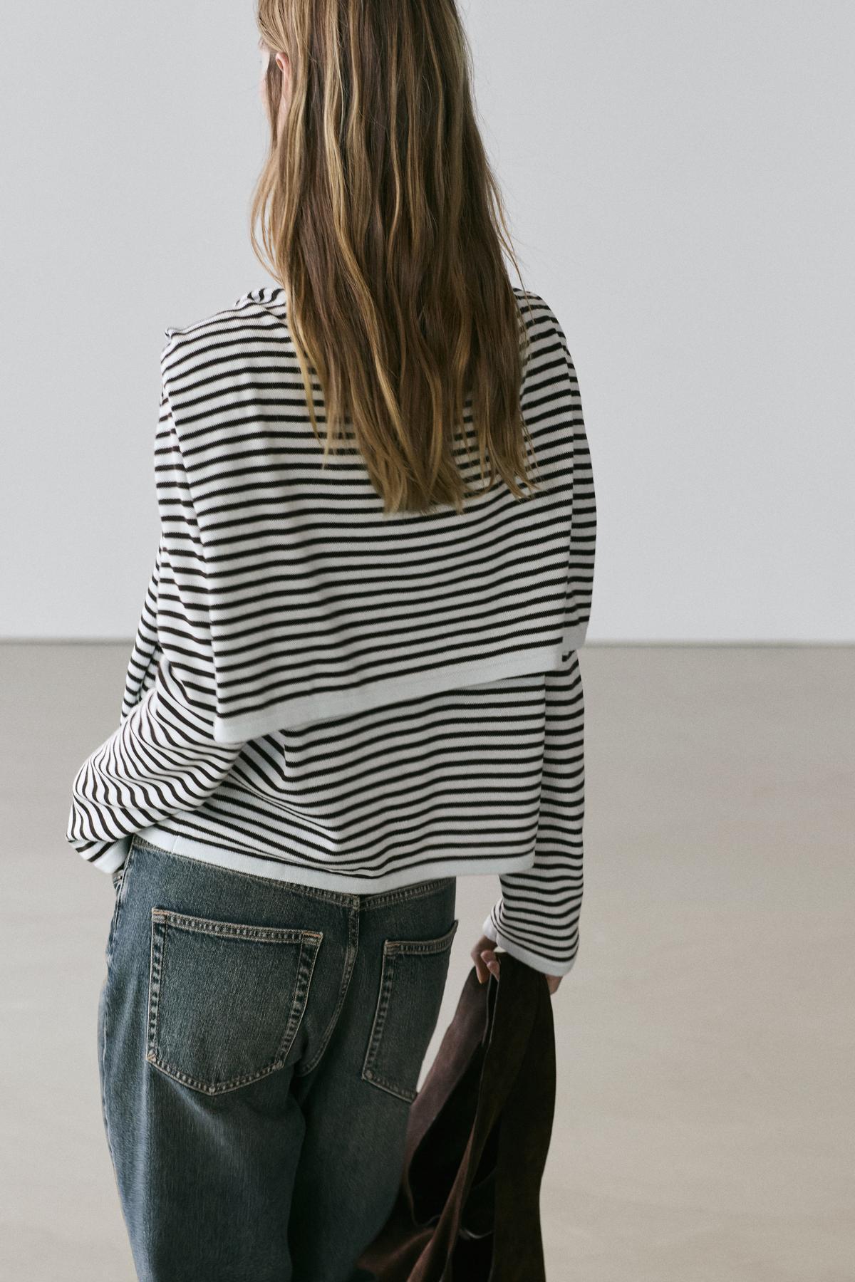 Massimo Dutti  Kolları detaylı çizgili triko kazak - Görsel 4