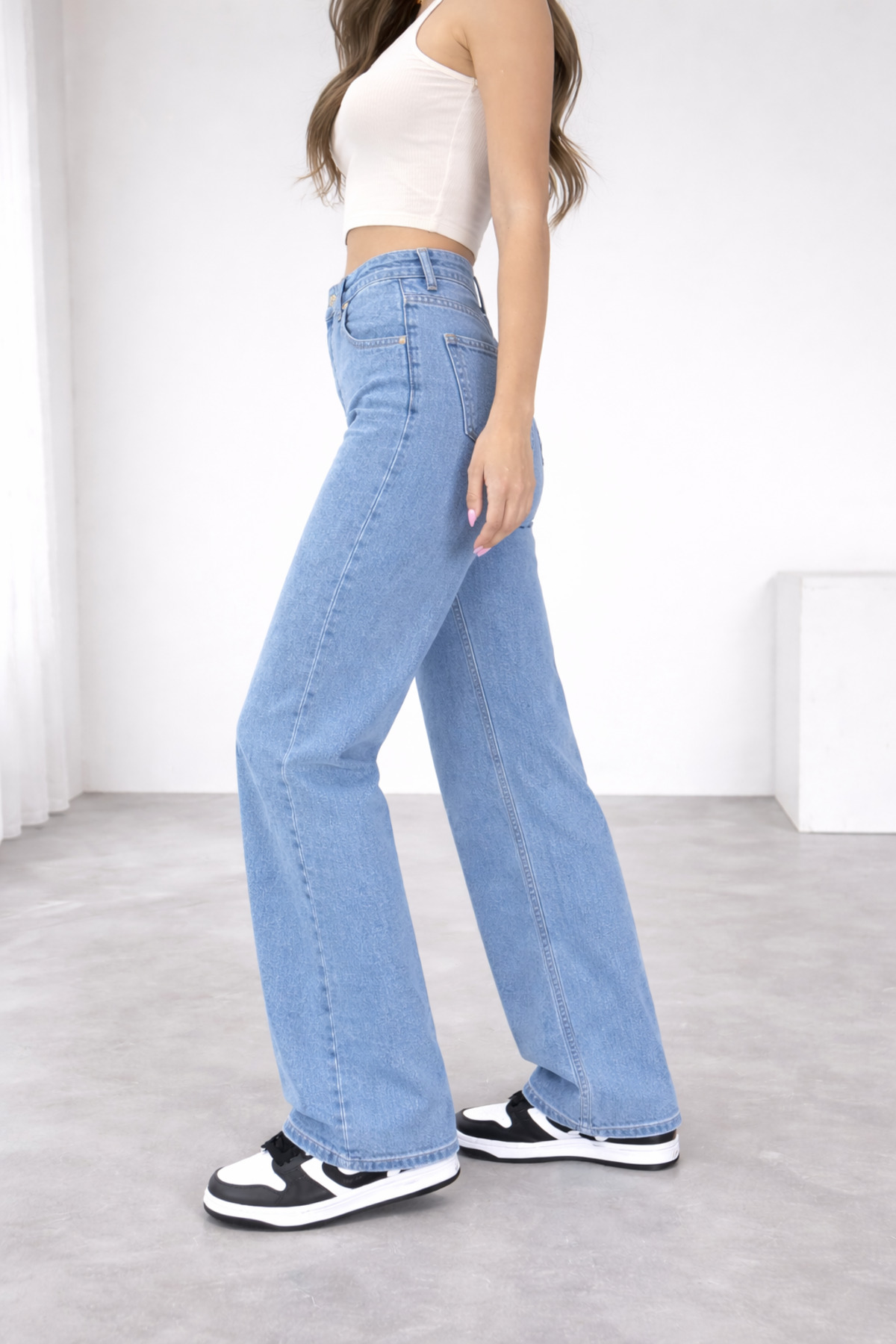 Lighter Jeans  Kadın Mavi Yüksek Bel Likralı Bol Paça Wide Leg Mom Fit Jean Pantolon - Görsel 2