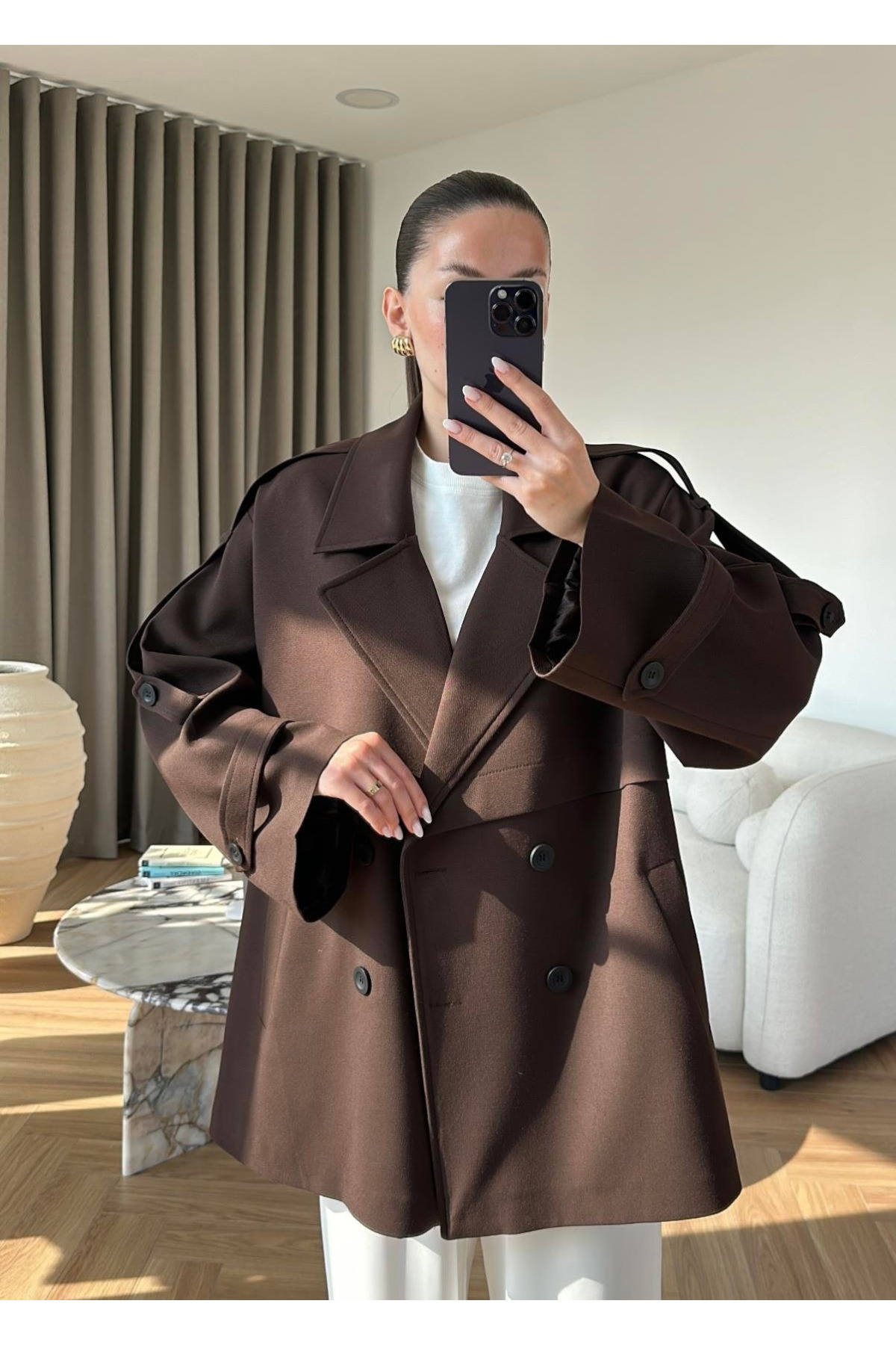 My Blog Kahverengi Oversize Düşük Omuz Kısa Trenç - 9580 görsel 3