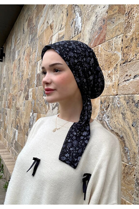 Anatolye Siyah Mavi Çiçek Desen Tülbent Eşarp Bone