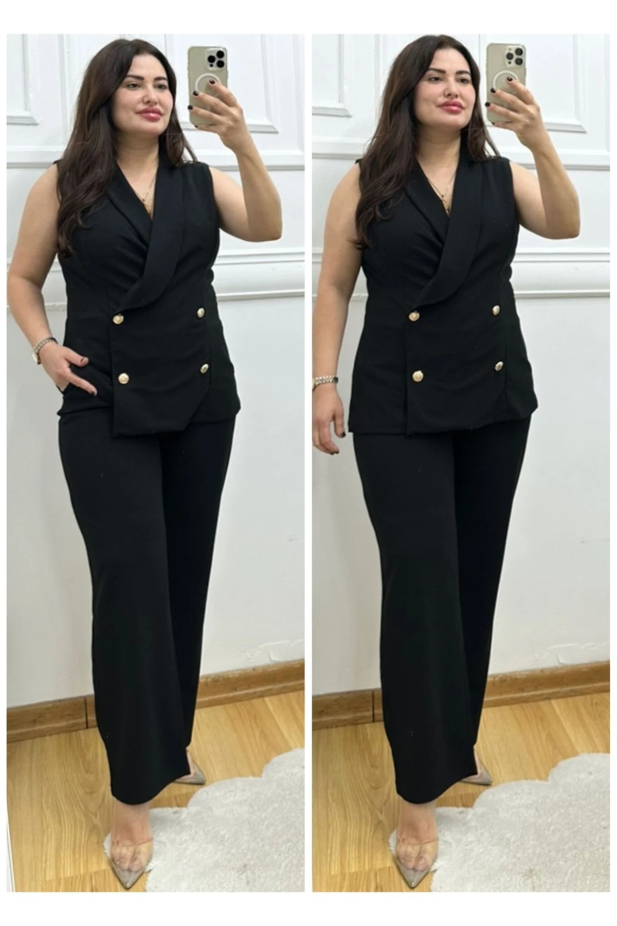 BUTİK MODA  Kadın Ceket Yaka Sıfır Kol Gold Düğme Detay Büyük Beden Abiye İkili takım