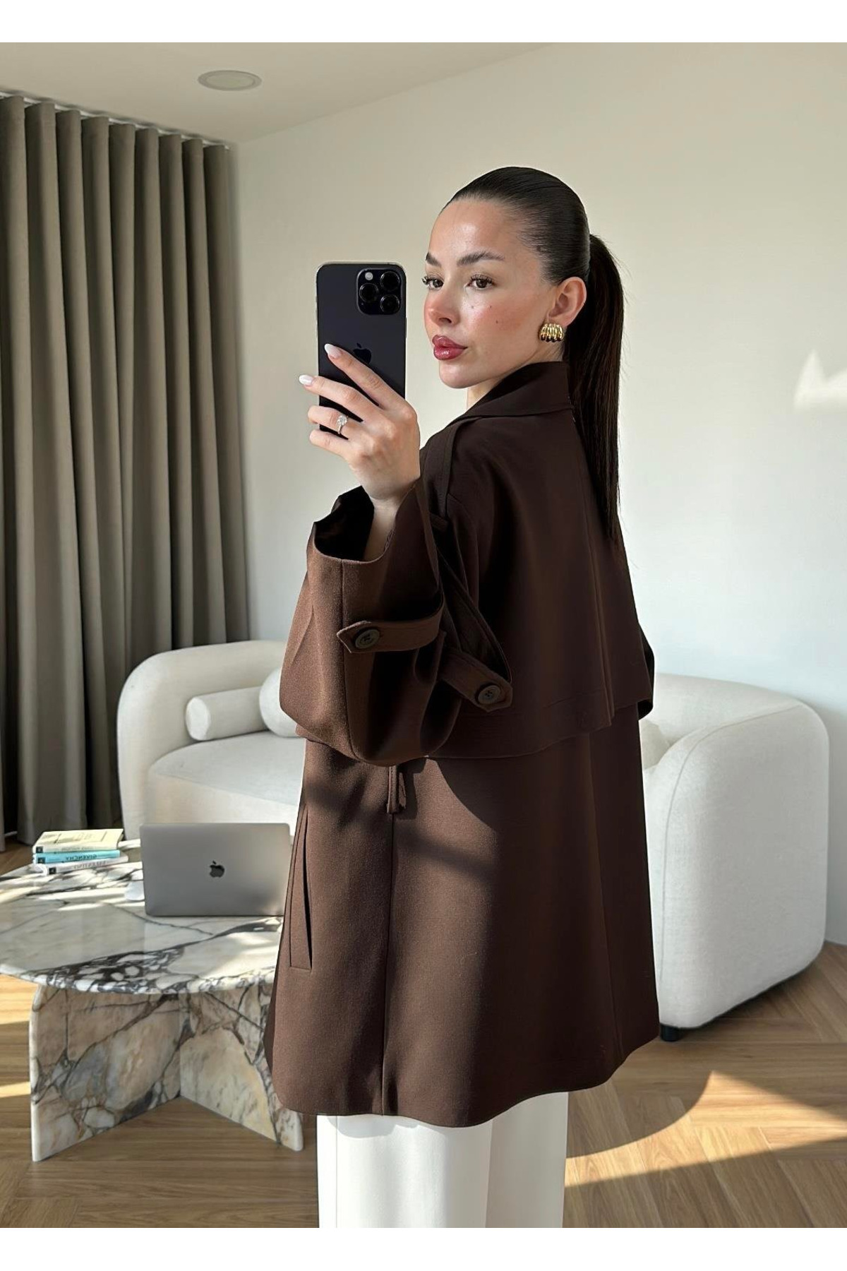 My Blog Kahverengi Oversize Düşük Omuz Kısa Trenç - 9580 görsel 5