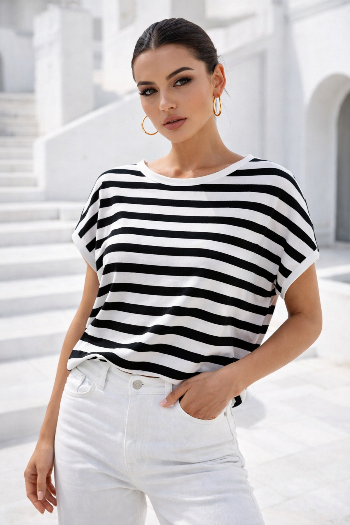 Rich  Kadın Siyah Beyaz Çizgili Yarasa Kol T-Shirt | Şık Basic Tişört - Görsel 5