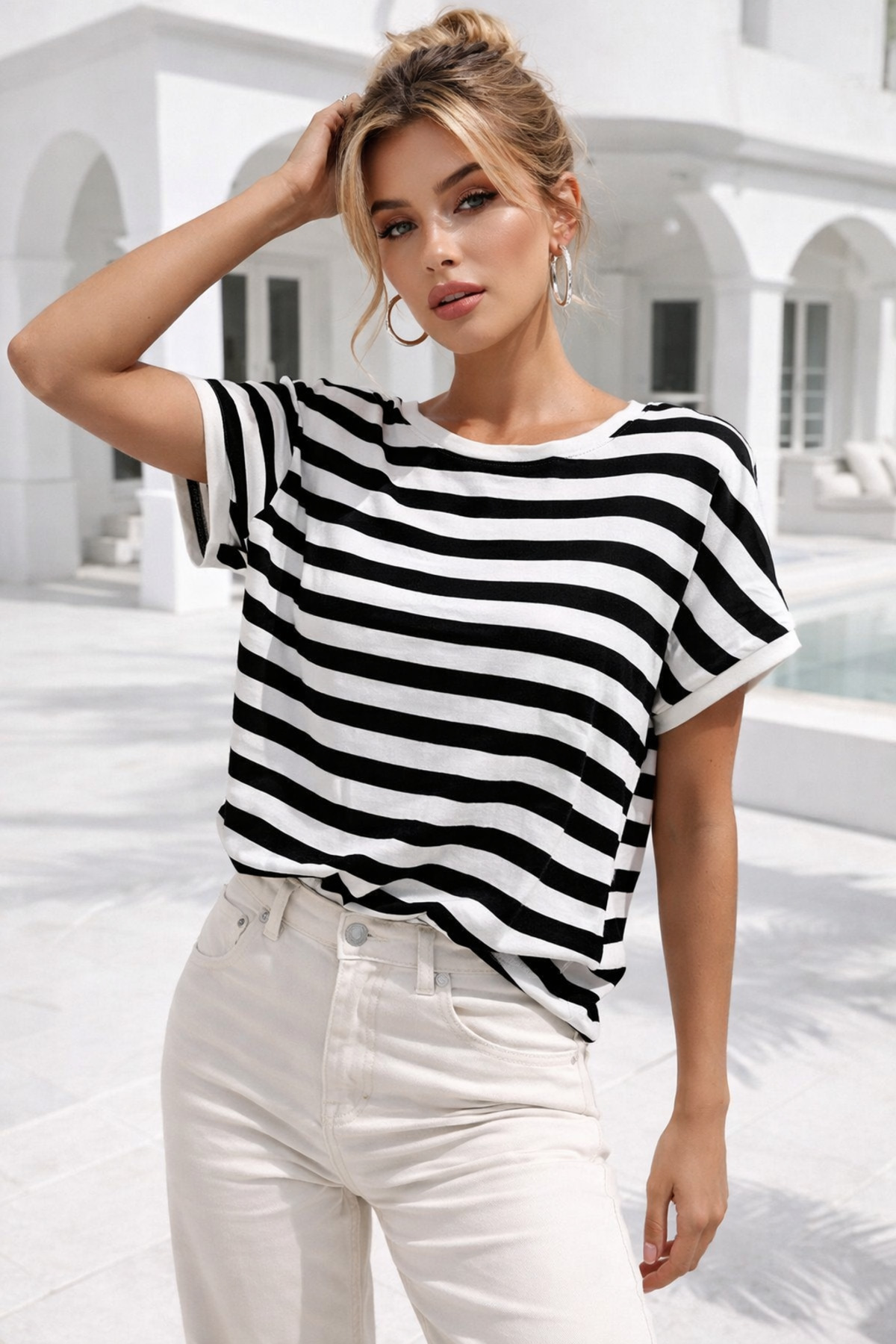 Rich  Kadın Siyah Beyaz Çizgili Yarasa Kol T-Shirt | Şık Basic Tişört - Görsel 4