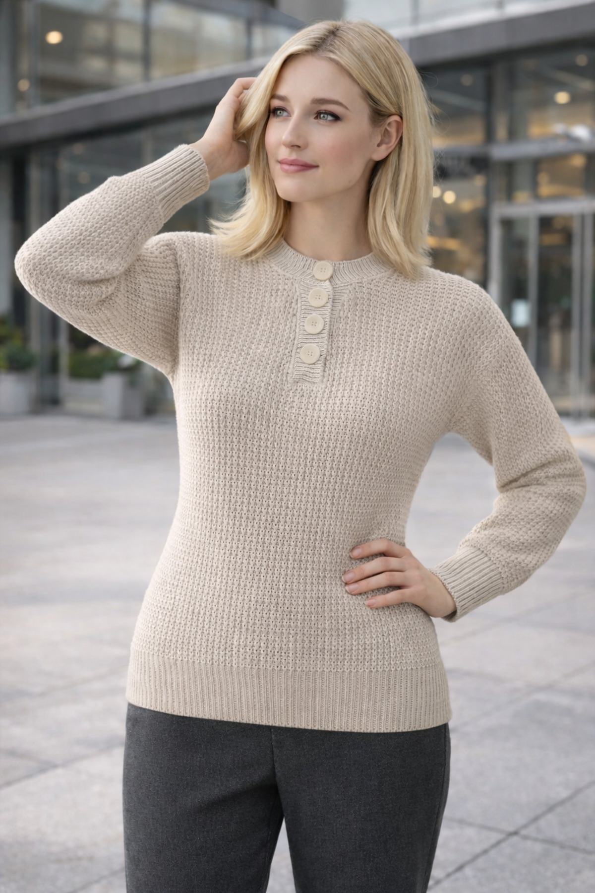 AQE FASHION Kadın Triko Kazak Bej Düğmeli Bisiklet Yaka Basic Uzun Kollu Kışlık Şık Yumuşak Dokulu