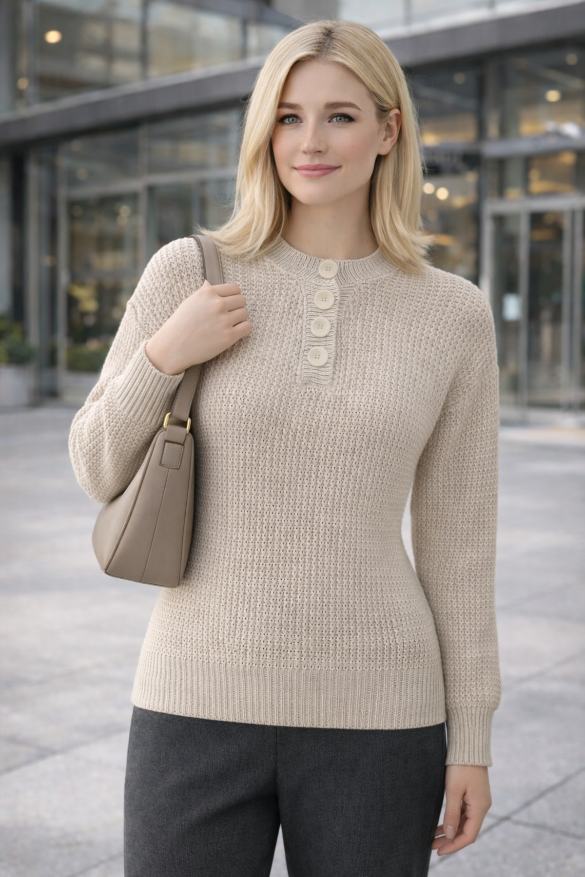 AQE FASHION Kadın Triko Kazak Bej Düğmeli Bisiklet Yaka Basic Uzun Kollu Kışlık Şık Yumuşak Dokulu görsel 2