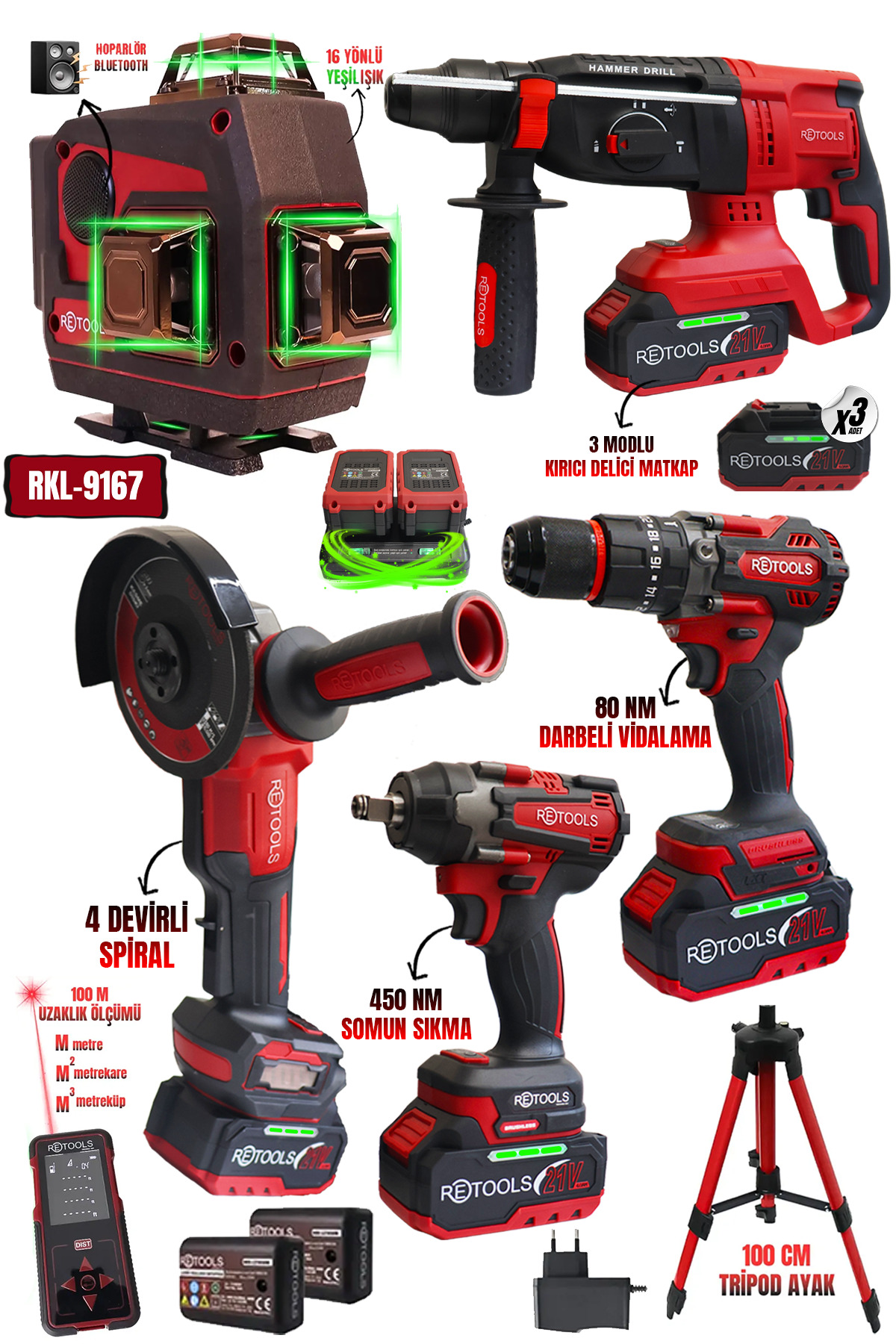 RETOOLS BORDO 7'Lİ SET (4LÜ SET+LAZER LAZER METRE TRİPOD AYAK