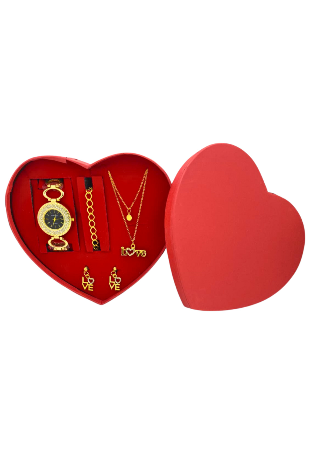 Kalp Kutulu Gold Renk Kadın Saat & “LOVE” Yazılı Takı Seti