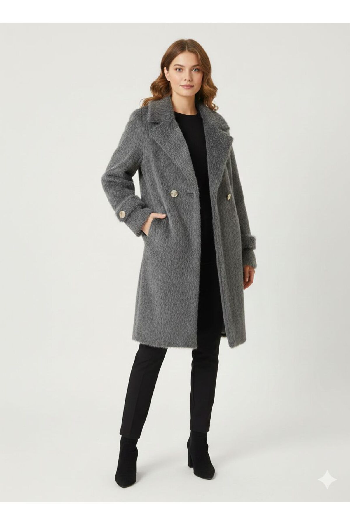 marvion  Kadın Kruvaze Yaka Uzun Tüylü Kürt Kaban