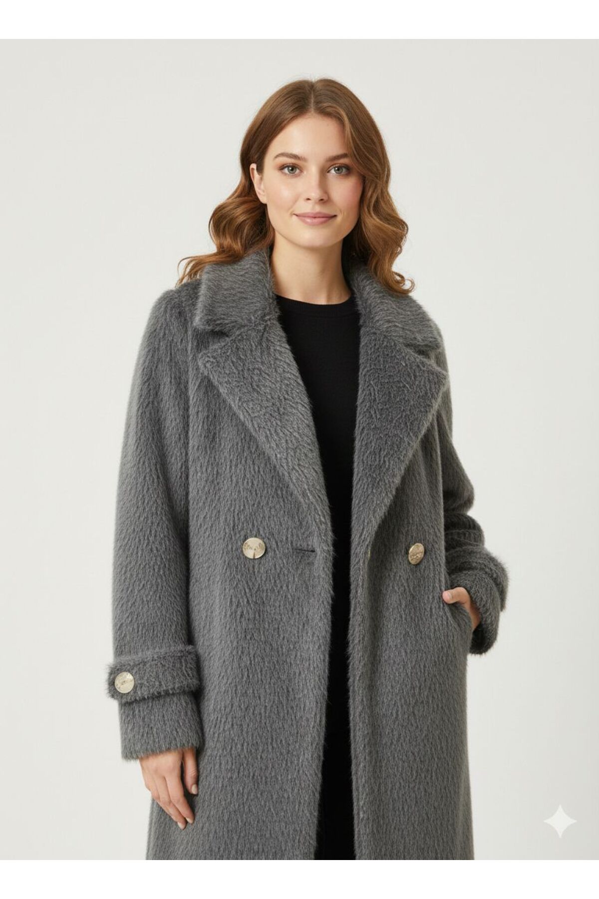 marvion  Kadın Kruvaze Yaka Uzun Tüylü Kürt Kaban - Görsel 2