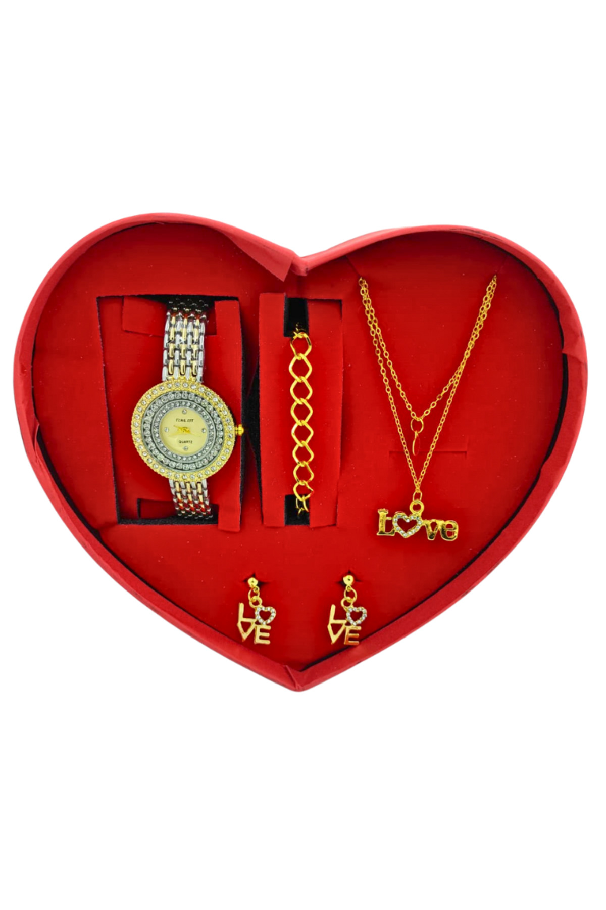 Gümüş Altın Taşlı Kadın Saat Takı Seti LOVE Kolye Küpe Kutulu