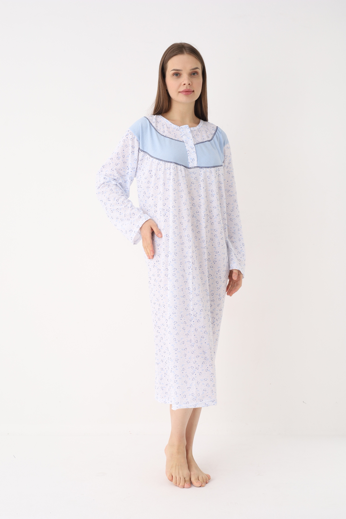 YASAR UNDERWEAR Kadın Pamuklu Uzun Kollu Desenli Düğmeli Uzun Boy Gecelik