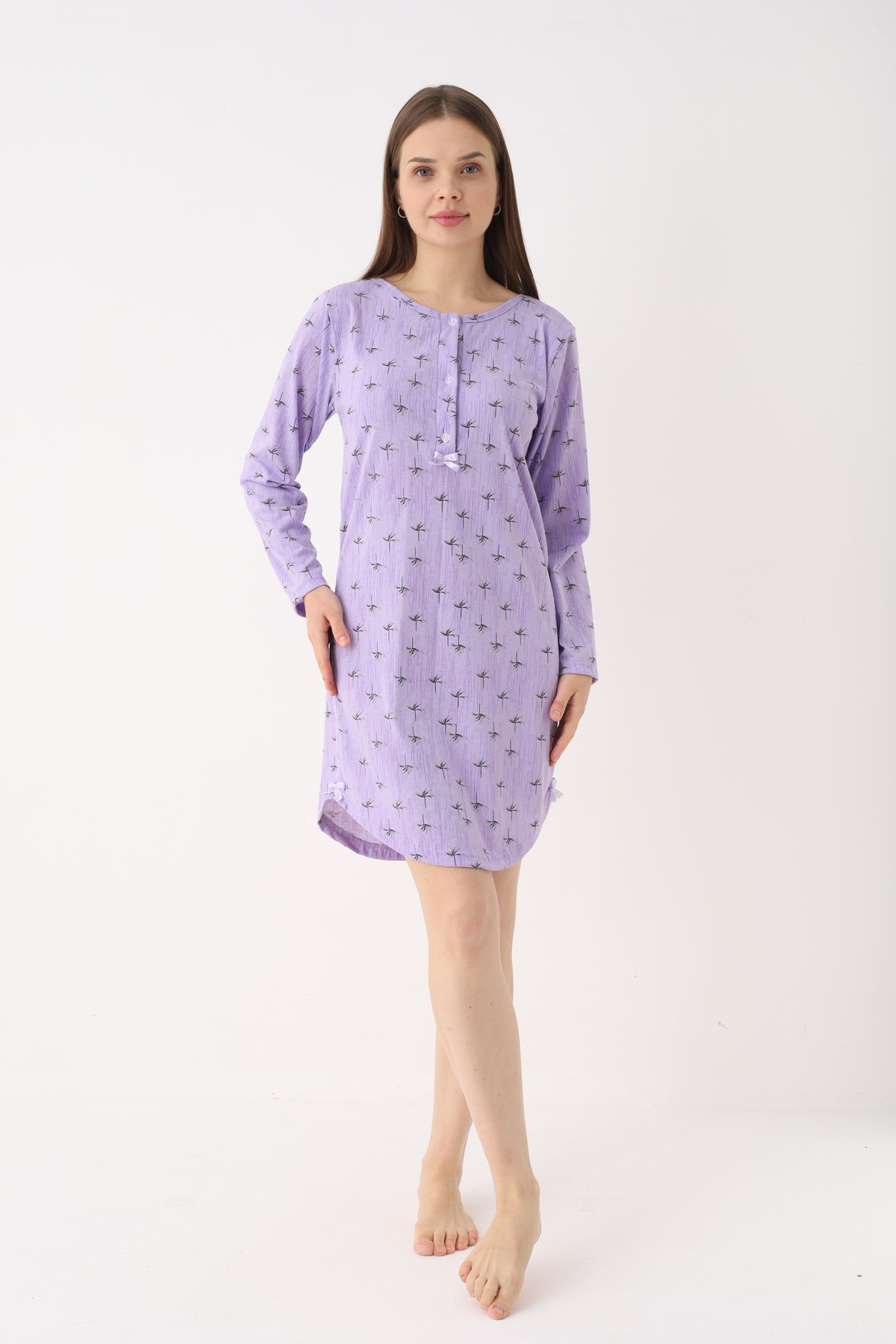 YASAR UNDERWEAR Kadın %100 Pamuk Desenli Uzun Kollu Yarım Pat Düğmeli Rahat Kesim Gecelik