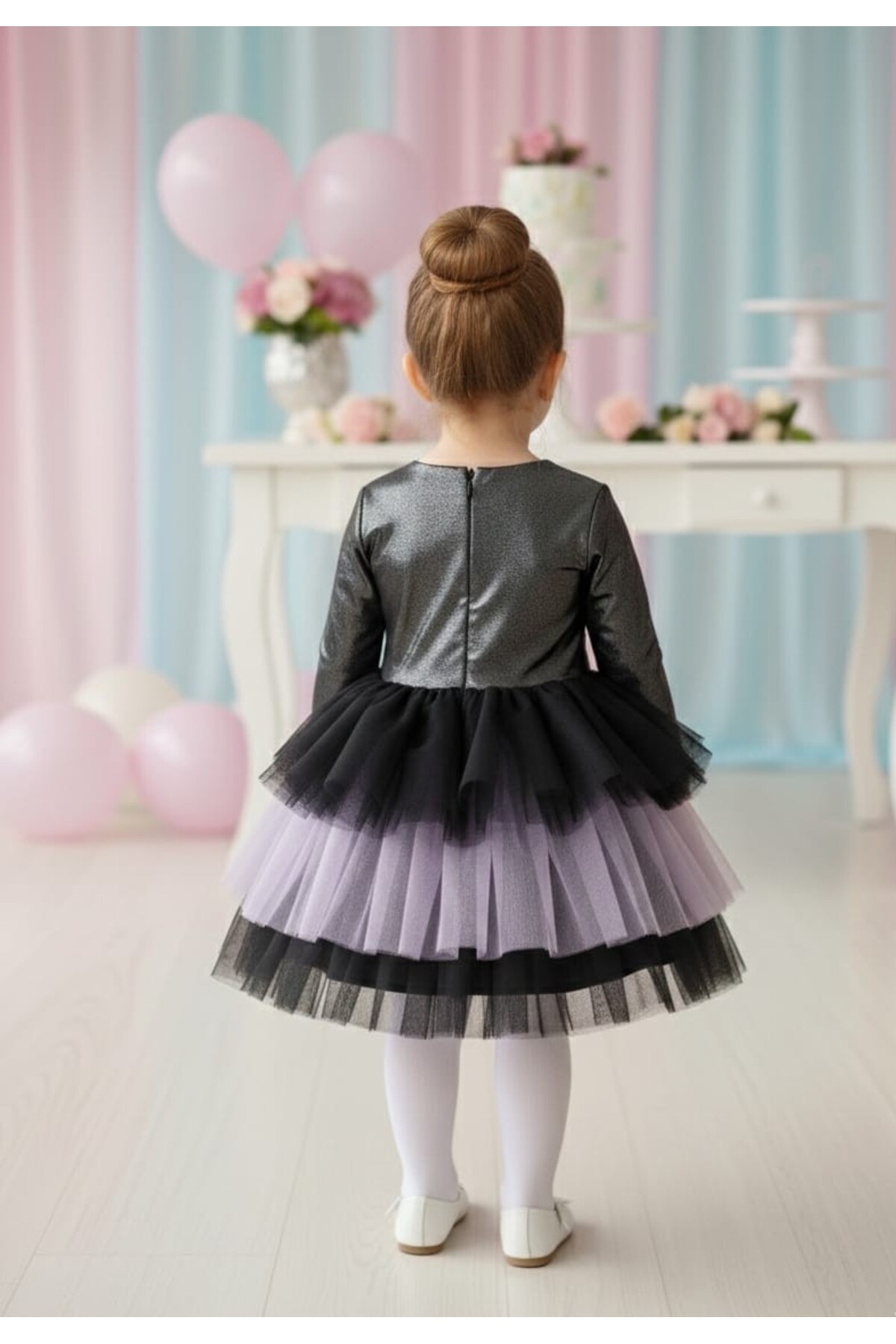 penu baby kids Siyah-Mor Kuromi Parlak Jarse Kat Etekli Uzun Kolu Kız Çocuk Kız Bebek Elbise fotoğrafı 3 (önizleme)