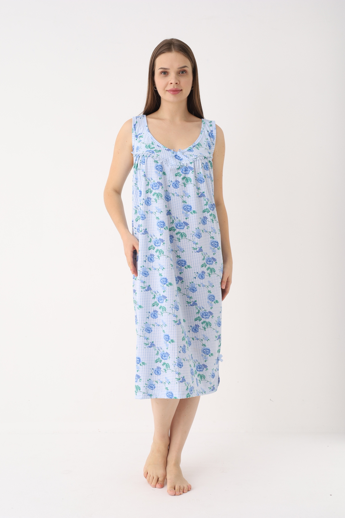YASAR UNDERWEAR Kadın %100 Pamuk Askılı Çiçek Desenli Rahat Gecelik