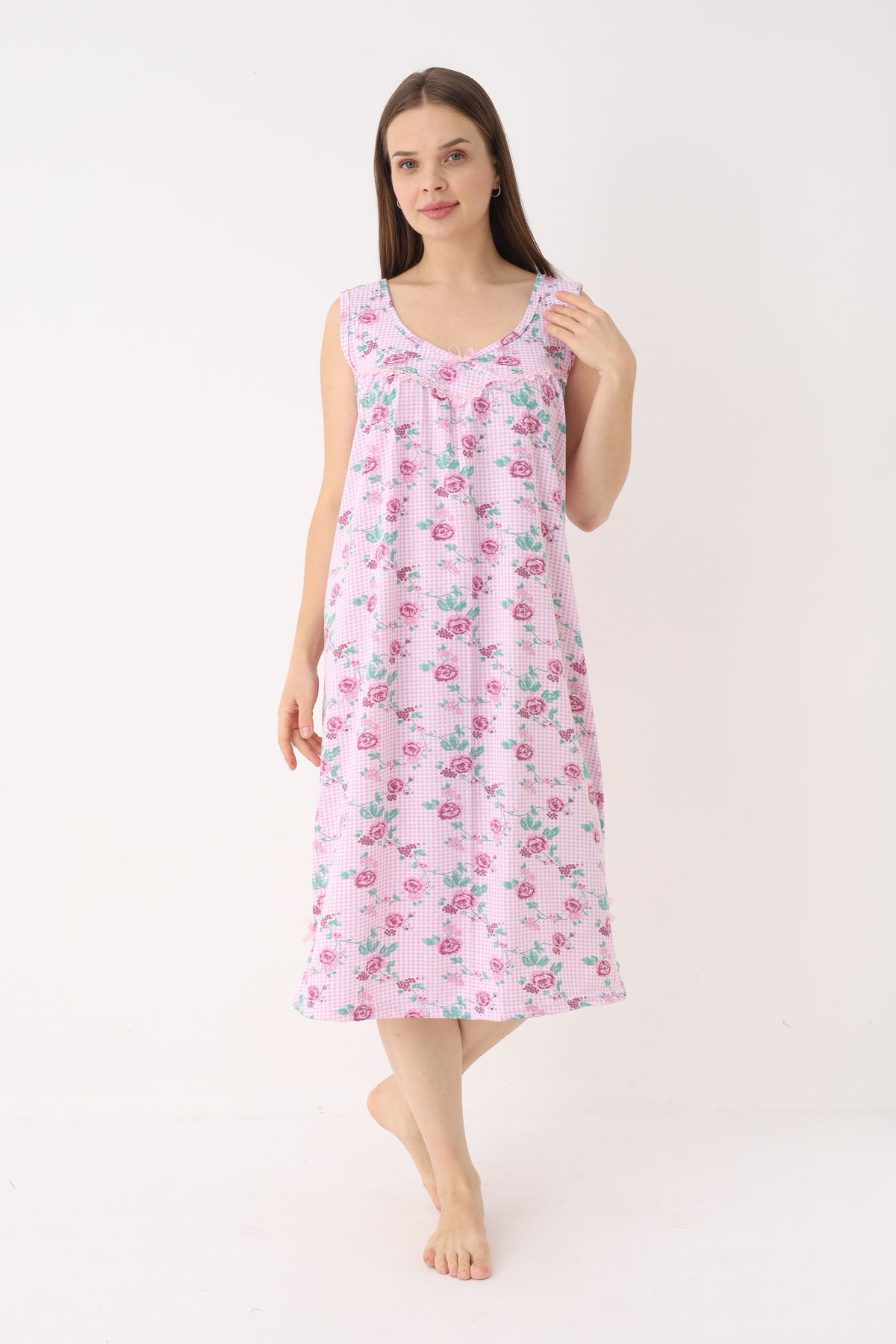 YASAR UNDERWEAR Kadın %100 Pamuk Askılı Çiçek Desenli Rahat Gecelik