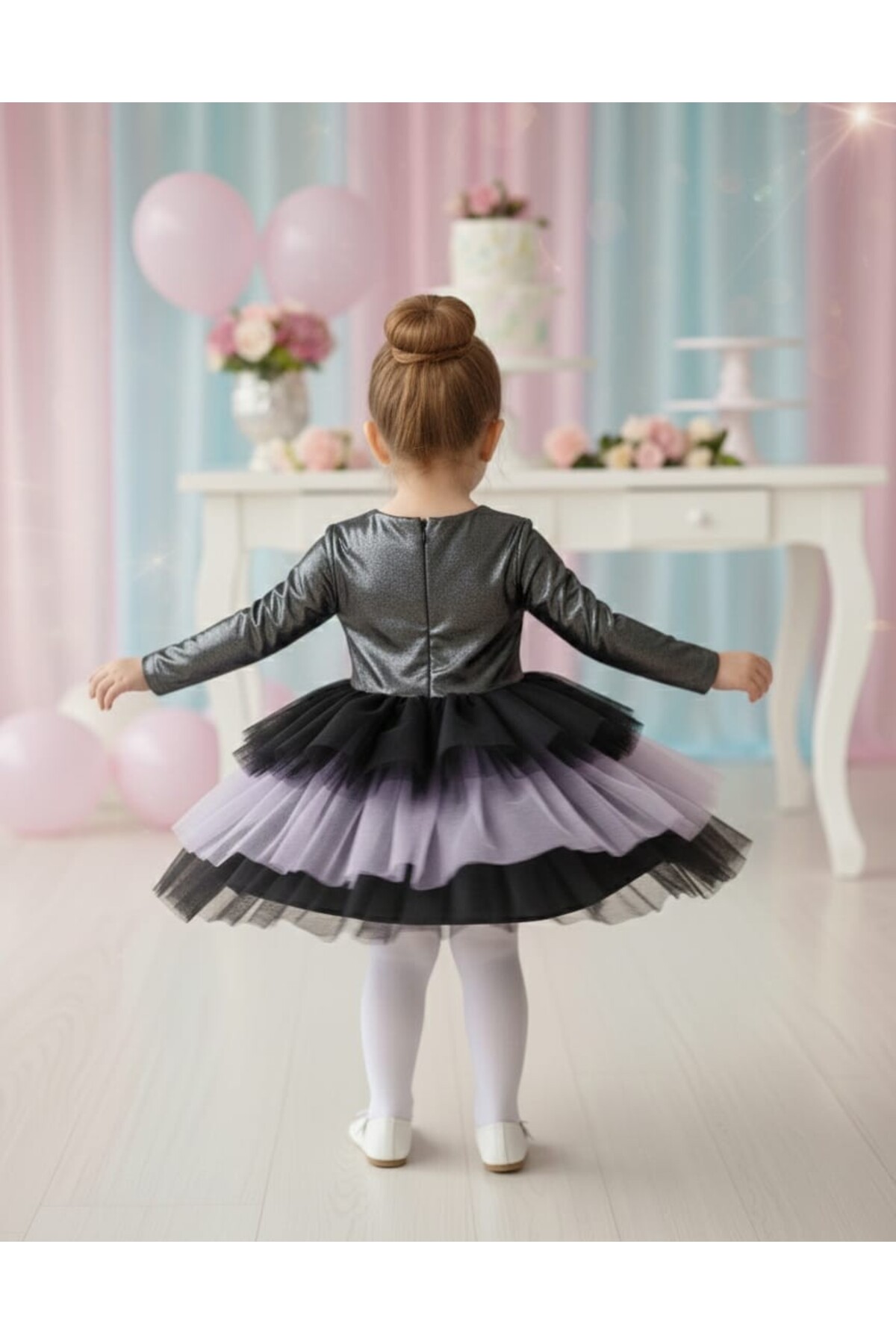 penu baby kids Siyah-Mor Kuromi Parlak Jarse Kat Etekli Uzun Kolu Kız Çocuk Kız Bebek Elbise fotoğrafı 5 (önizleme)