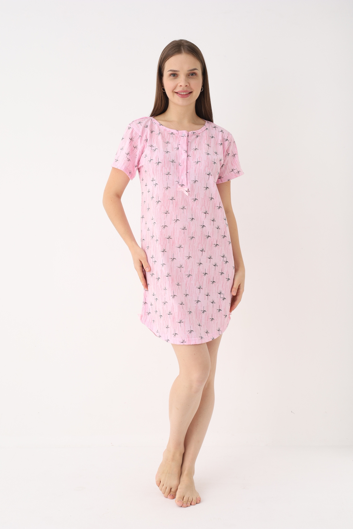 YASAR UNDERWEAR Kadın %100 Pamuk Desenli Kısa Kollu Yarım Pat Düğmeli Rahat Kesim Gecelik