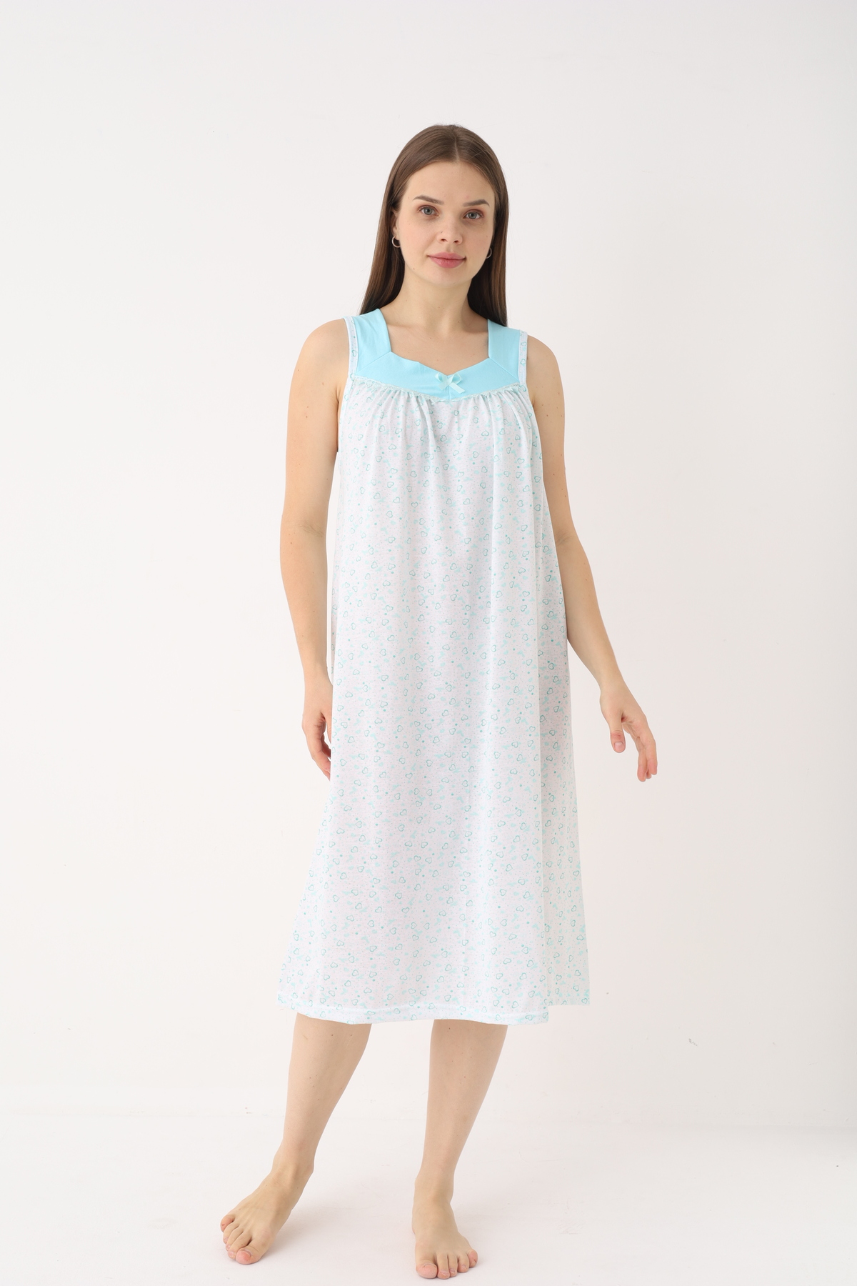 YASAR UNDERWEAR Kadın Pamuklu Askılı Desenli Uzun Gecelik