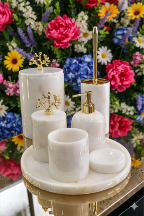 mermer home dekorasyon 7 Lİ BEYAZ MERMER BANYO SETİ