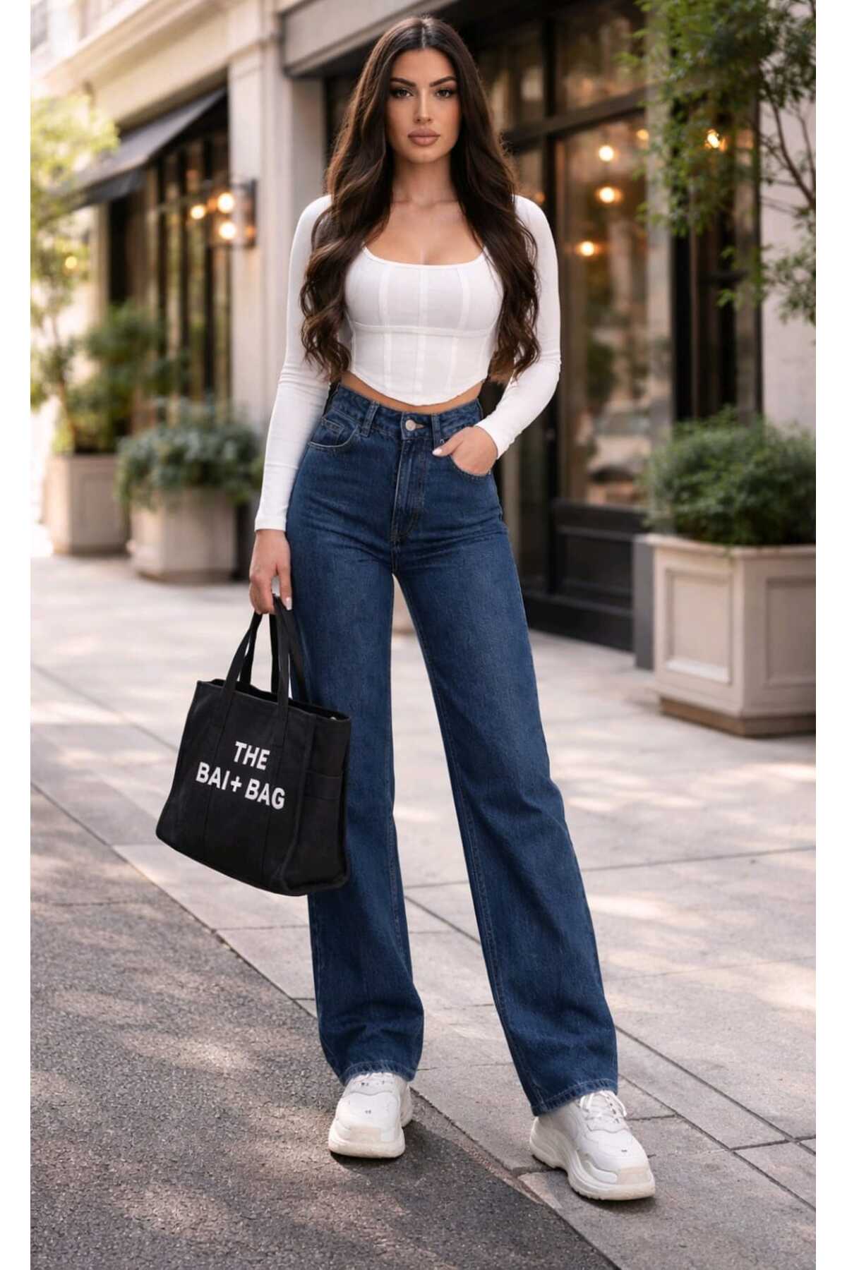 NWC  Christina Likralı Salaş Kadın Koyu Mavi Süper Yüksek Bel Salaş Paça Denim Kot Palazzo Pantolon - Görsel 5