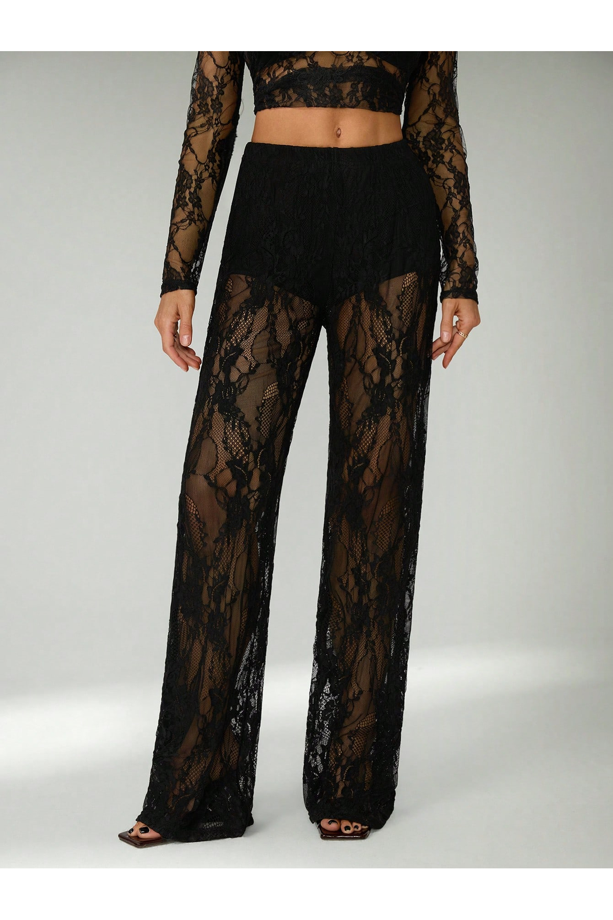 PERLMUTT  Kadın Siyah Transparan Dantelli İspanyol Paça Pantolon,Yeni Sezon Trend Pantolon