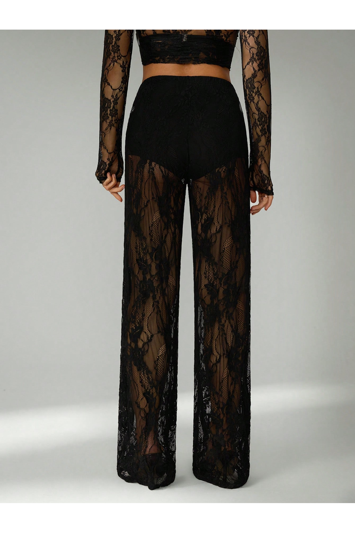 PERLMUTT  Kadın Siyah Transparan Dantelli İspanyol Paça Pantolon,Yeni Sezon Trend Pantolon - Görsel 7