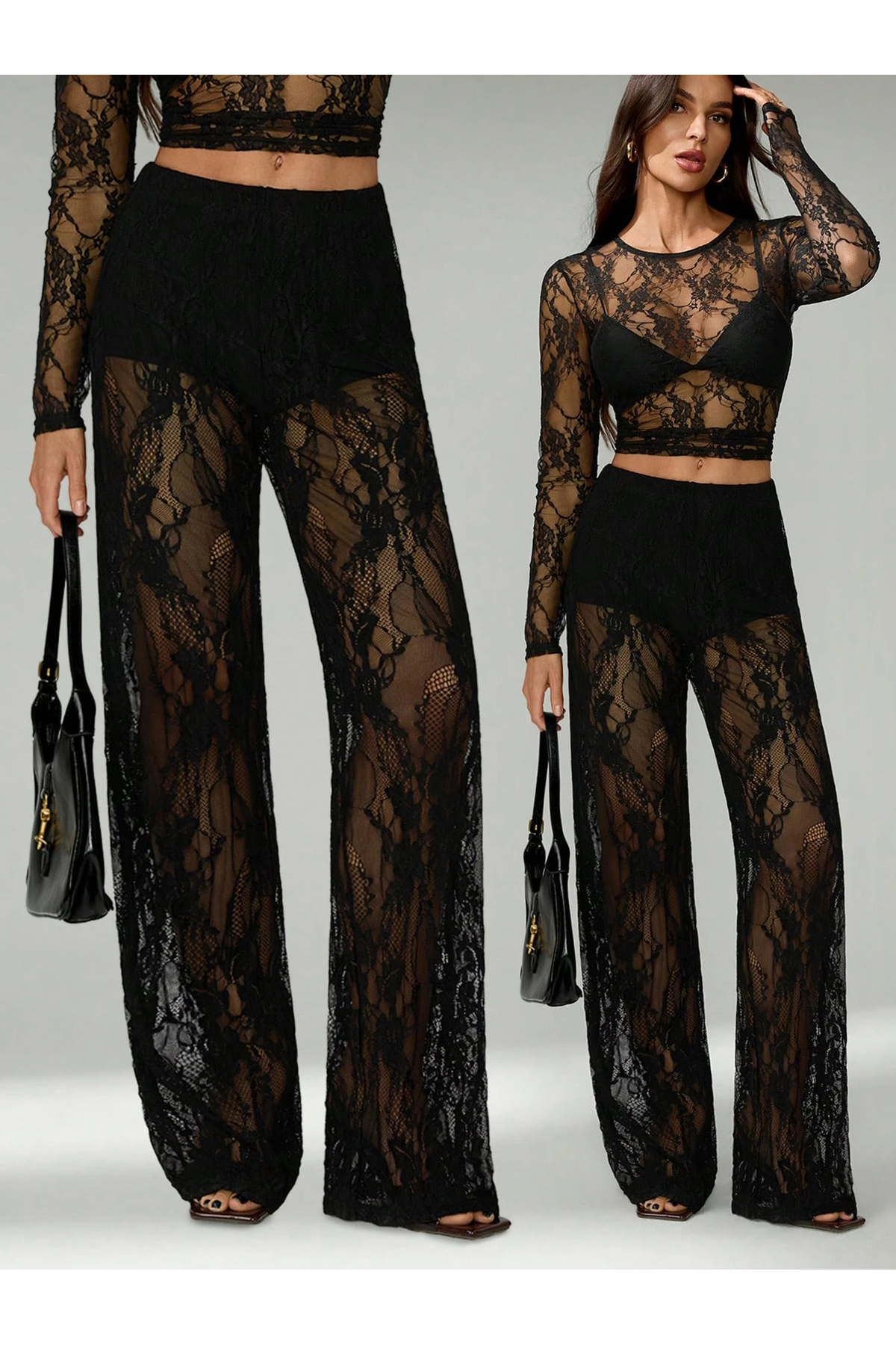 PERLMUTT  Kadın Siyah Transparan Dantelli İspanyol Paça Pantolon,Yeni Sezon Trend Pantolon - Görsel 8