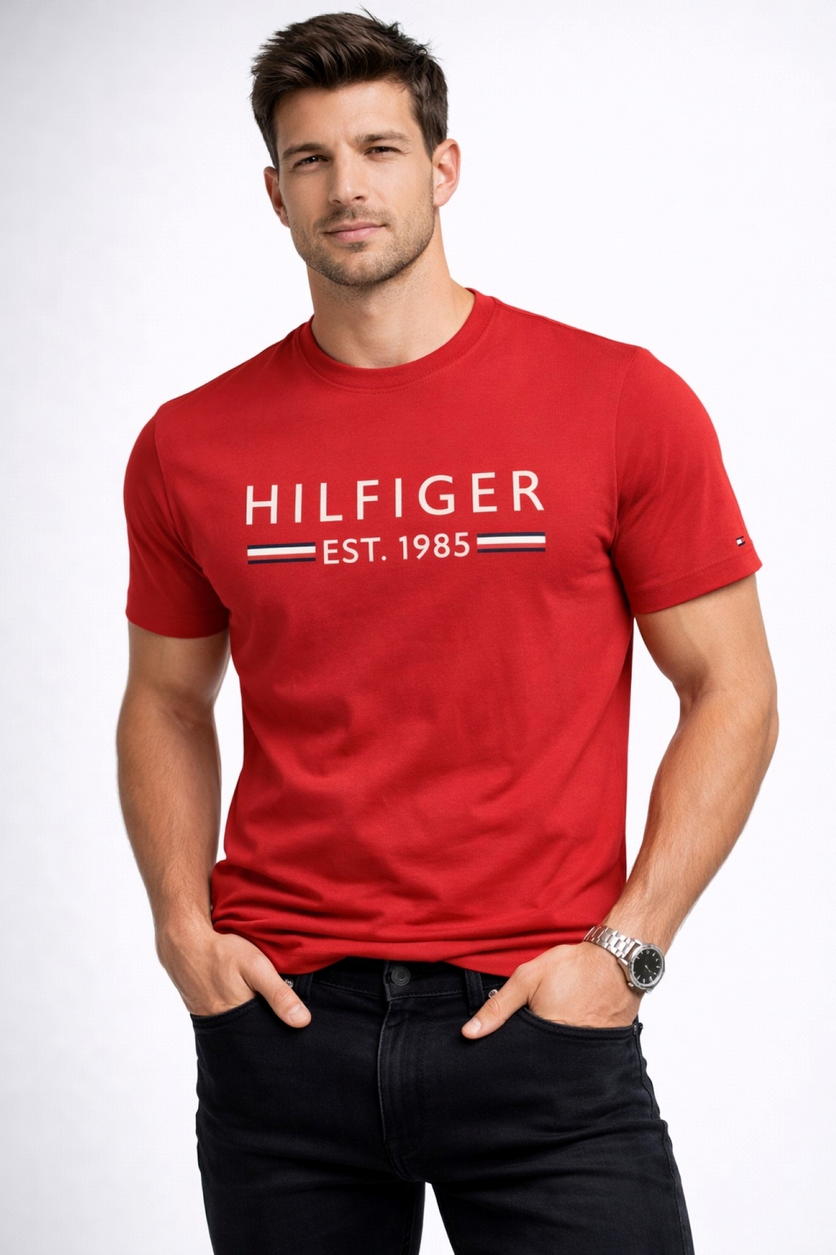 تامی هیلفیگر تی شرت مردانه TH طرح لوگو مشکی سایز معمولی