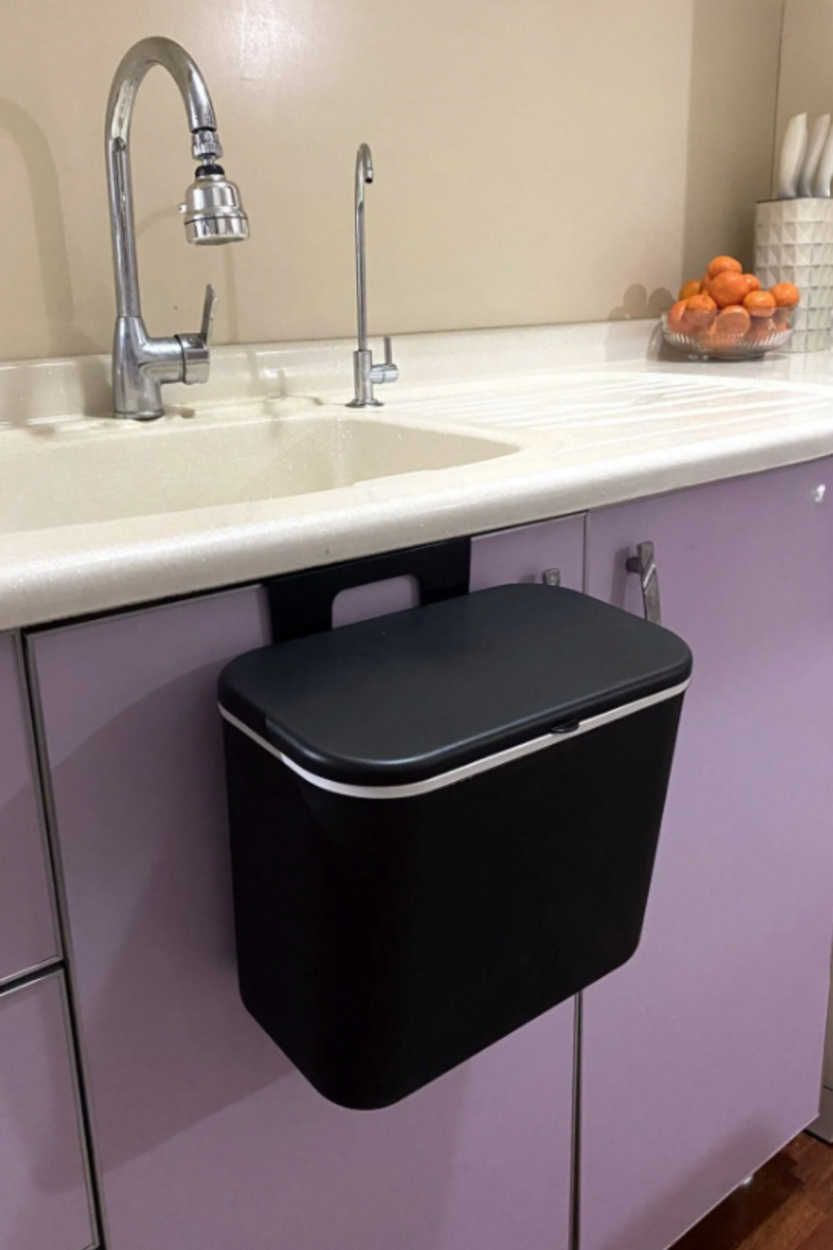 Çizgili Askılı Çöp Kovası, Mutfak ve Banyo İçin 8 Lt Kapağı — görsel 1