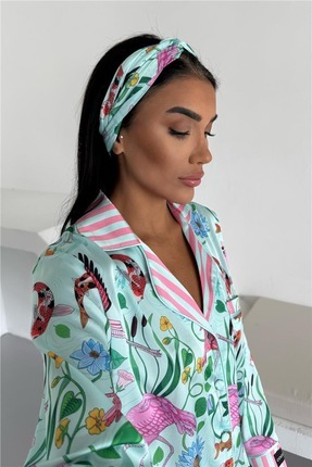 Abruzzo Flamingo Desenli Saten Pijama Takımı Uzun Kollu Gömlek Yaka