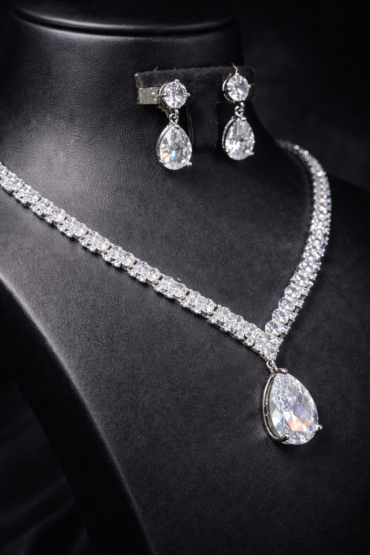 Zircon Waterway Set Rhodium Plated Zafira Model Wedding Set Engagement Set Necklace Earrings Jewelry Set