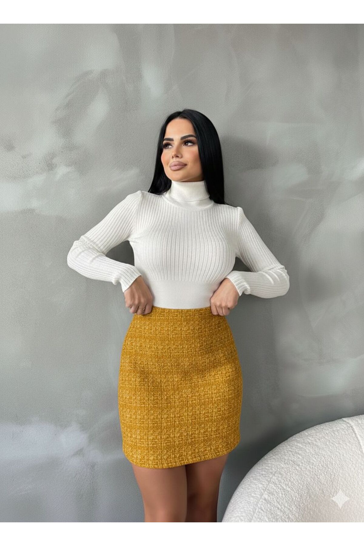 Women's Mustard Yellow Tweed Mini Skirt