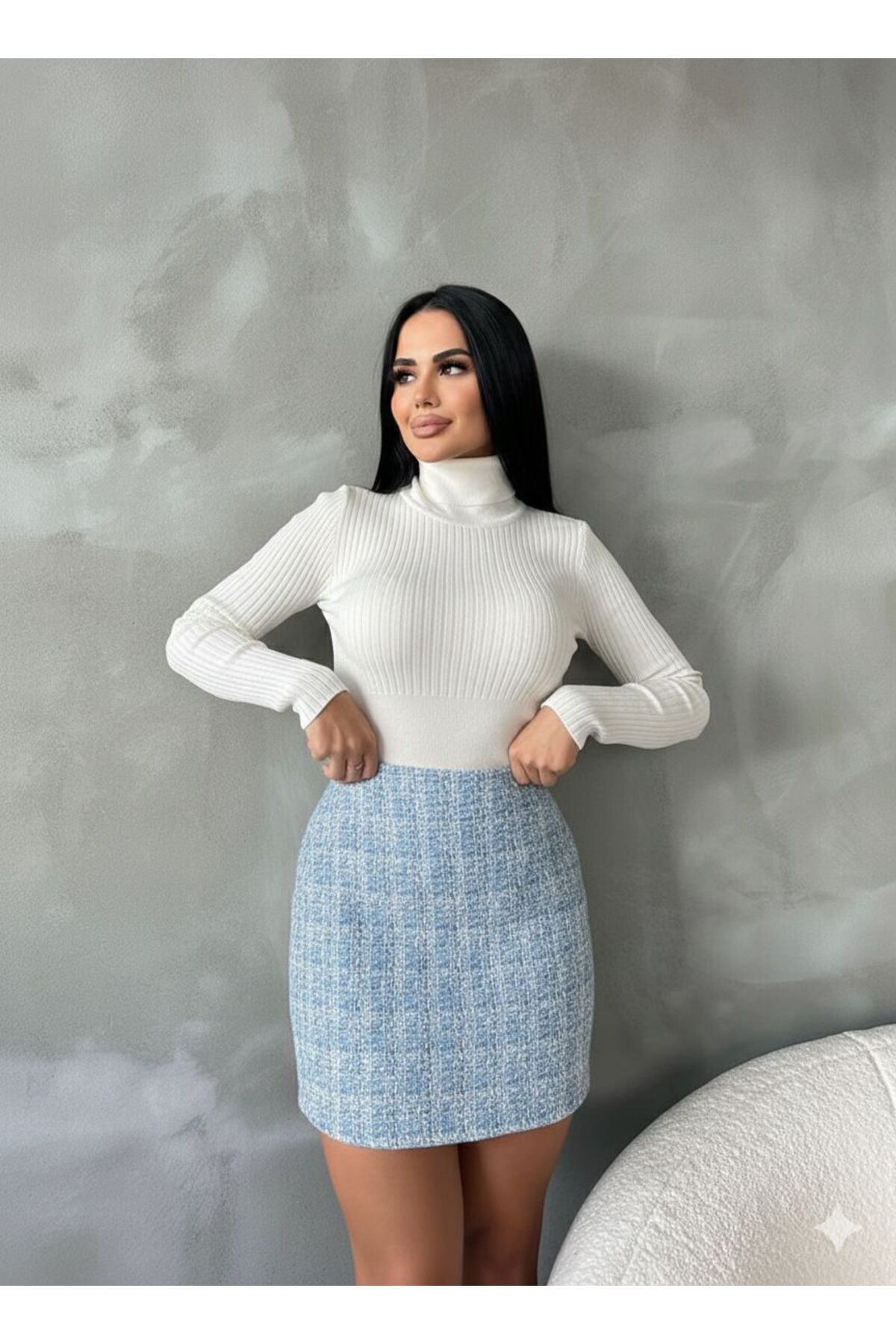 Women's Baby Blue Tweed Mini Skirt
