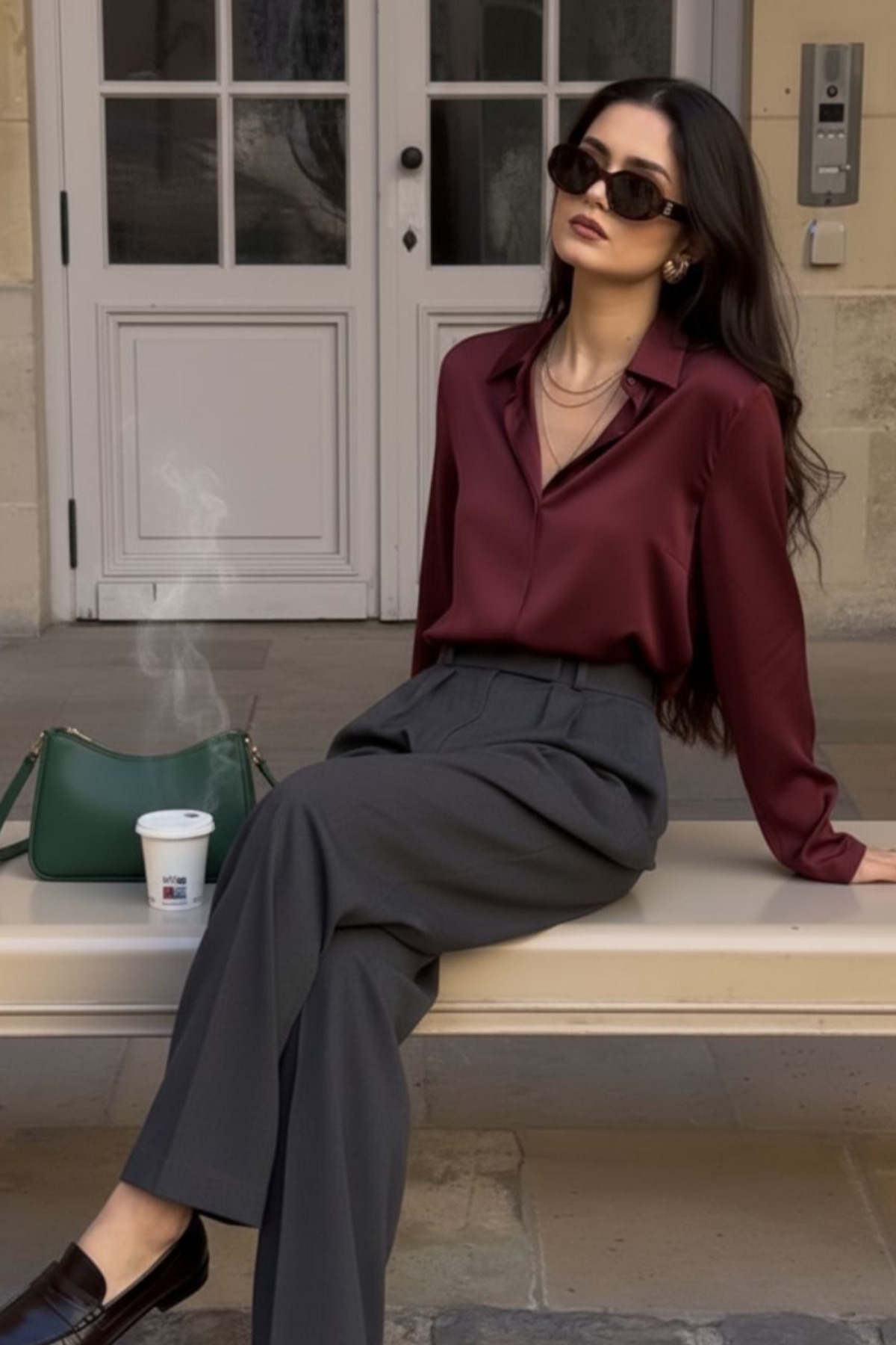 sunfyre  KADIN Bordo Uzun Kollu Saten Gömlek SUN258 - Görsel 2