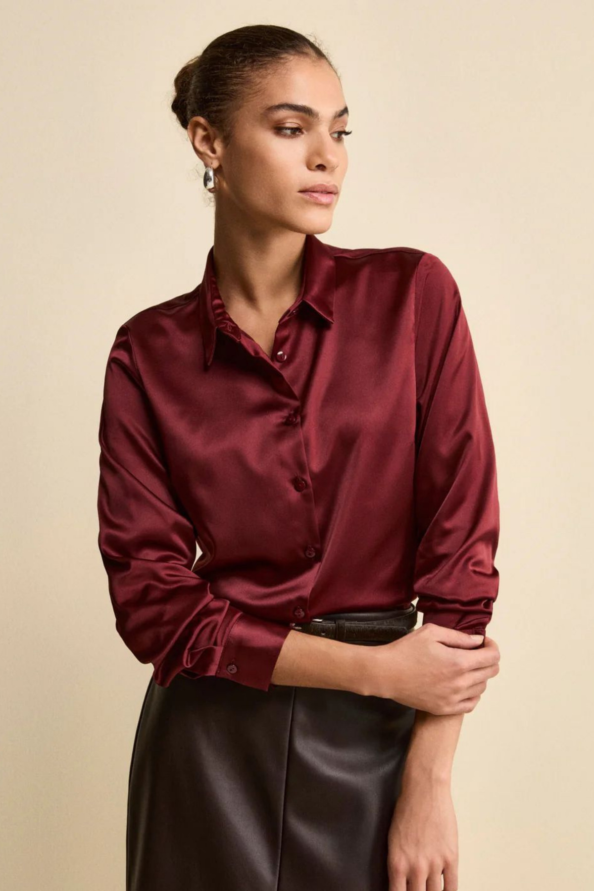 sunfyre  KADIN Bordo Uzun Kollu Saten Gömlek SUN258 - Görsel 3