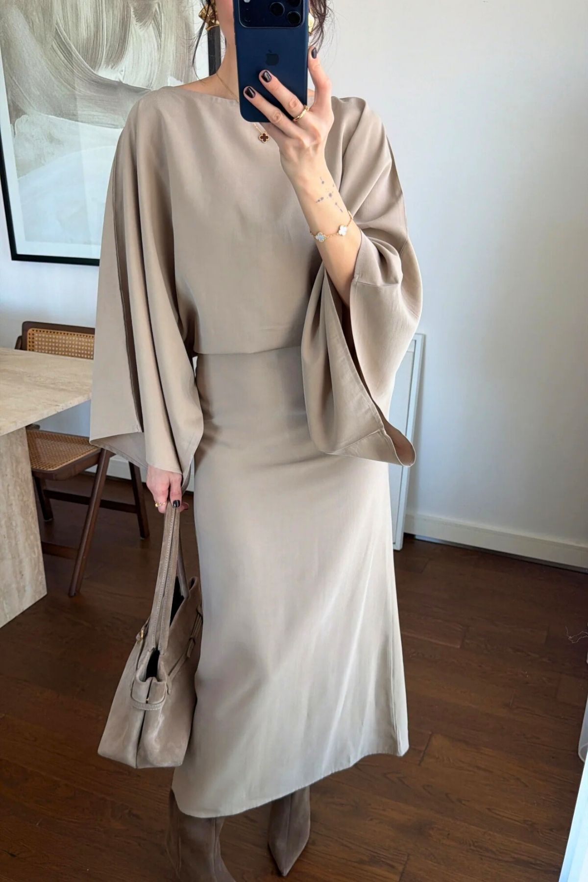 FMN Moda  kadın yarasa kol yırtmaçlı kuşaklı arkadan bağlama detaylı elbise - Görsel 3