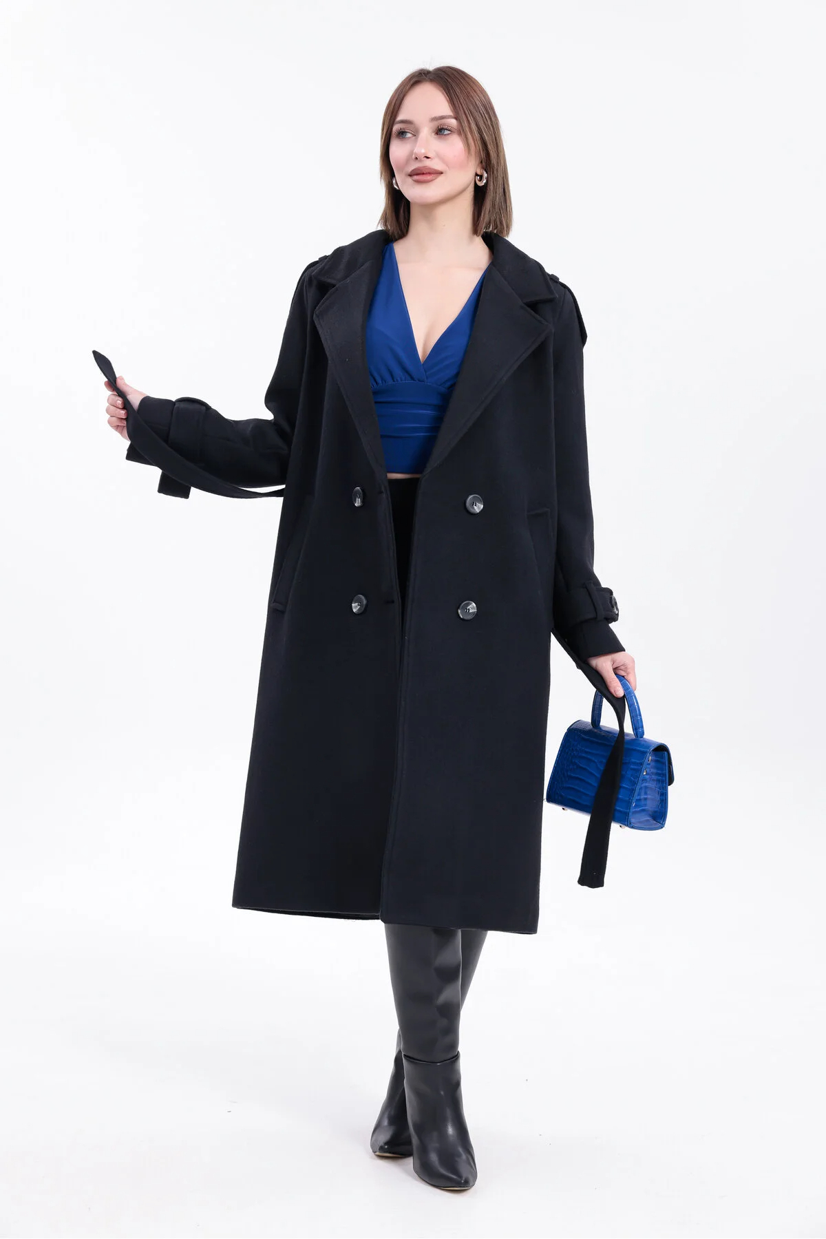 ışık tesettur  Morena Yeni Sezon Regular Fit Siyah Düğmeli Uzun Kaşe Kaban (Yeni Sezon) 2026 - Görsel 7