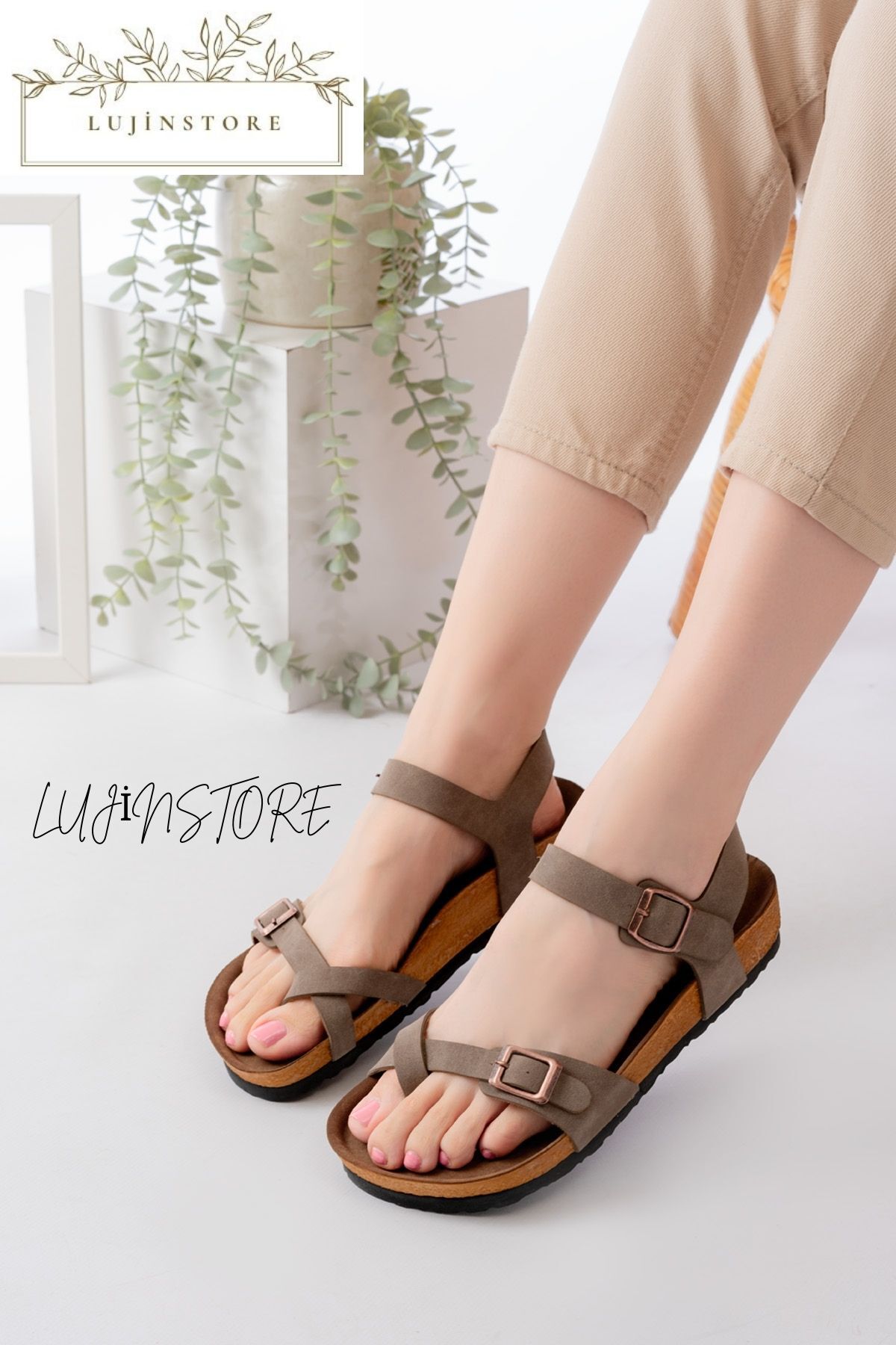 ljn lujinstore LUJİNSTORE Kadın Parmak Arası Ortopedik Taban Çift Tokalı Sandalet Yazlık