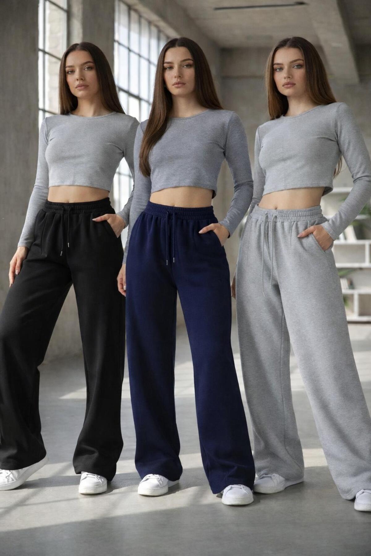 LOSMARY  Üç adet siyah gri lacivert rahat kalıp düz paça eşofman altı