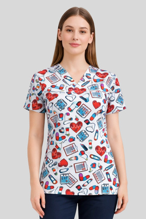 Simirna Üniforma Desenli Medikal Scrubs Doktor Hemşire Üniforması Üst-Yüksek ...