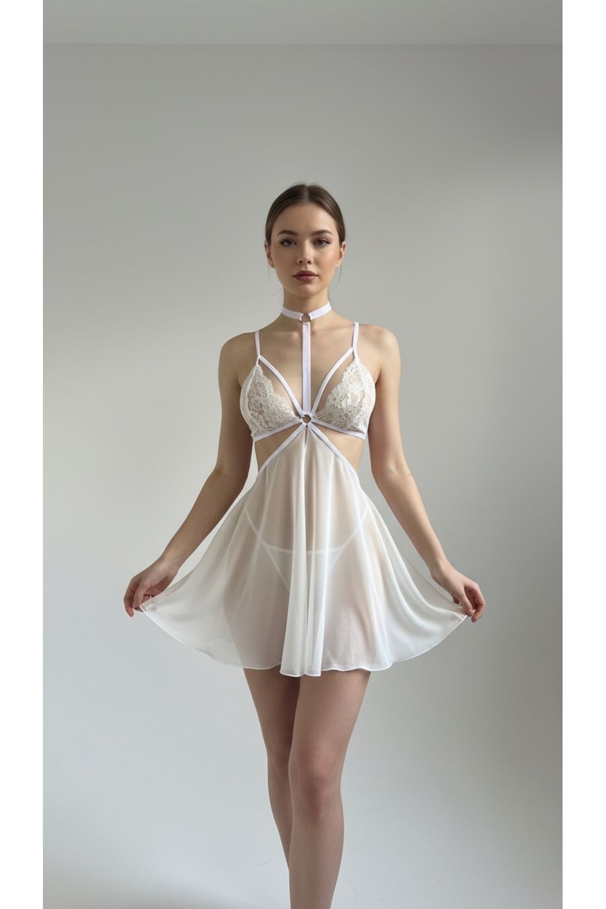 İZOSCA Boyun Halka Detaylı Dantelli Gecelik