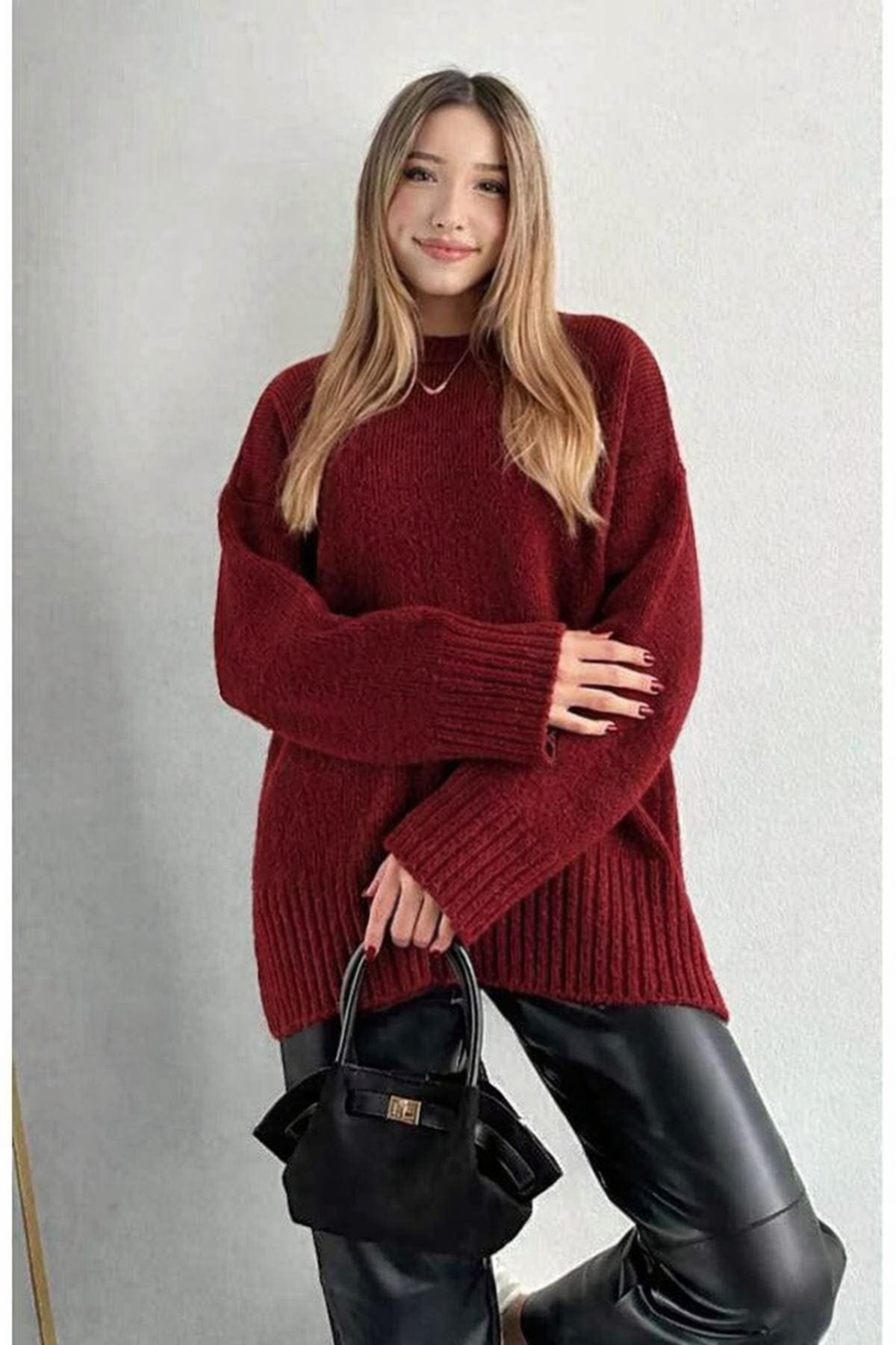 LOTUS CITY  Kadın Bisiklet Yaka Oversize Bordo Triko Kazak