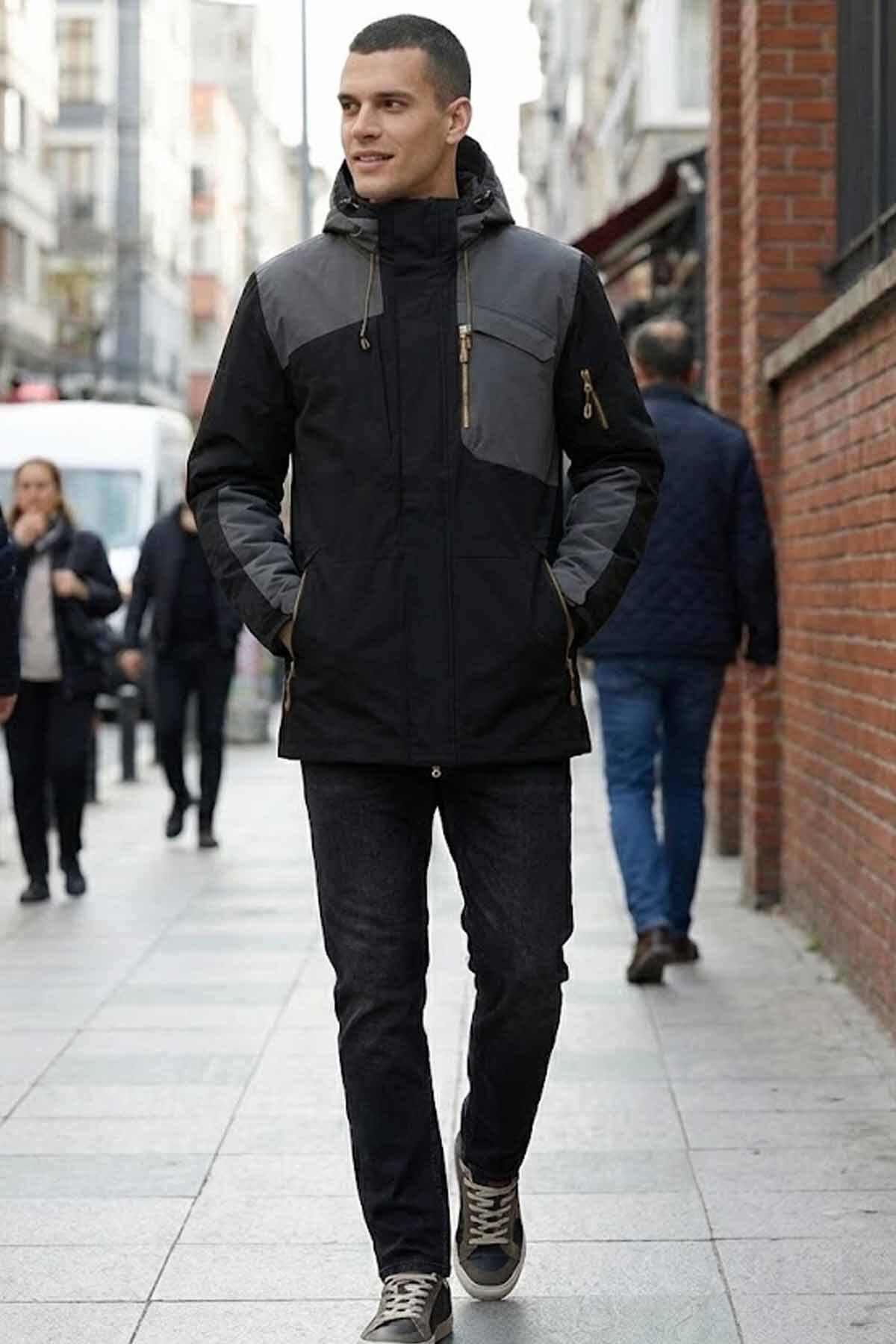 کاپشن مردانه مشکی خاکستری - ضد آب، ضد باد و کلاه دار - کاپشن زمستانی ممتاز — مشکی SN17 HENRY COAT 1PR — تصویر 2 از 6