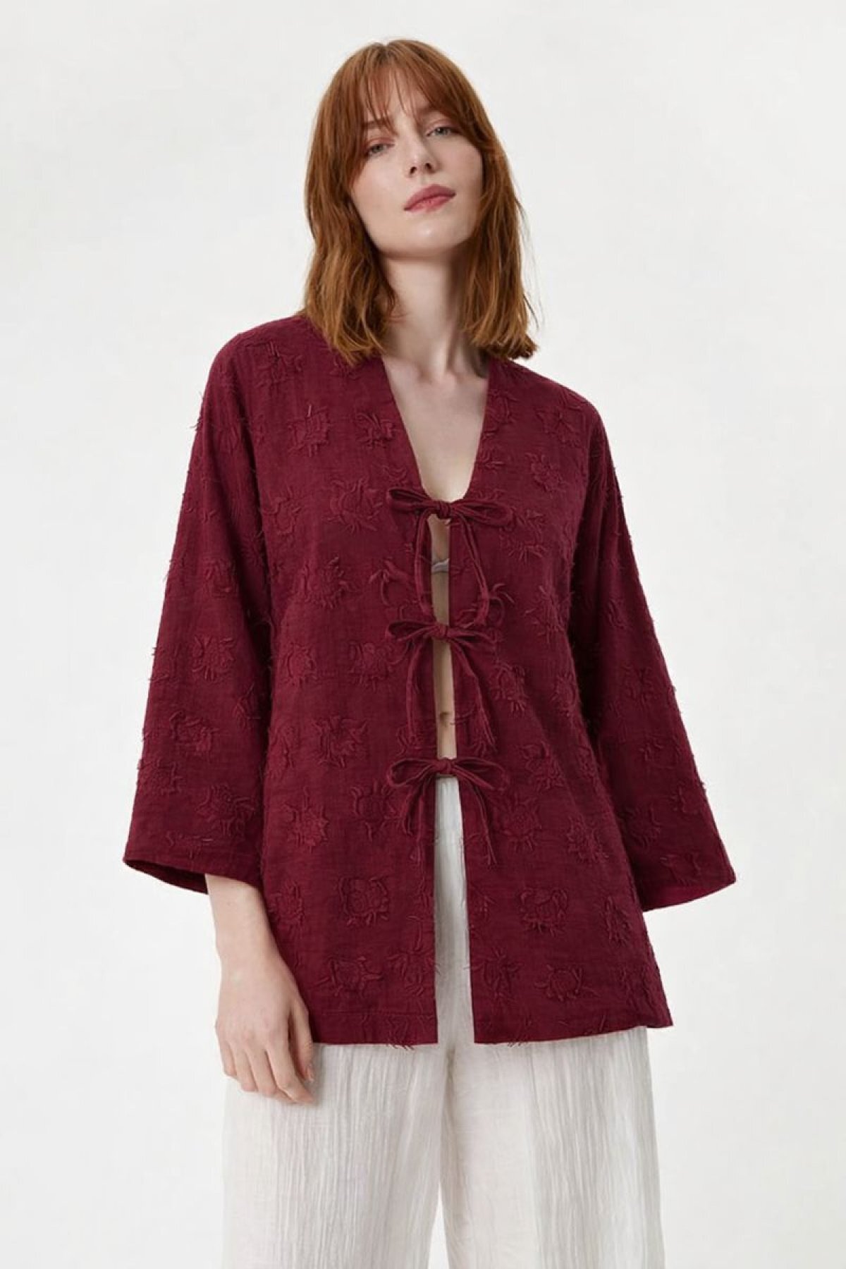 HAKKE  Püsküllü Bağlamalı Kadın Kesme Kimono Hırka - Görsel 2