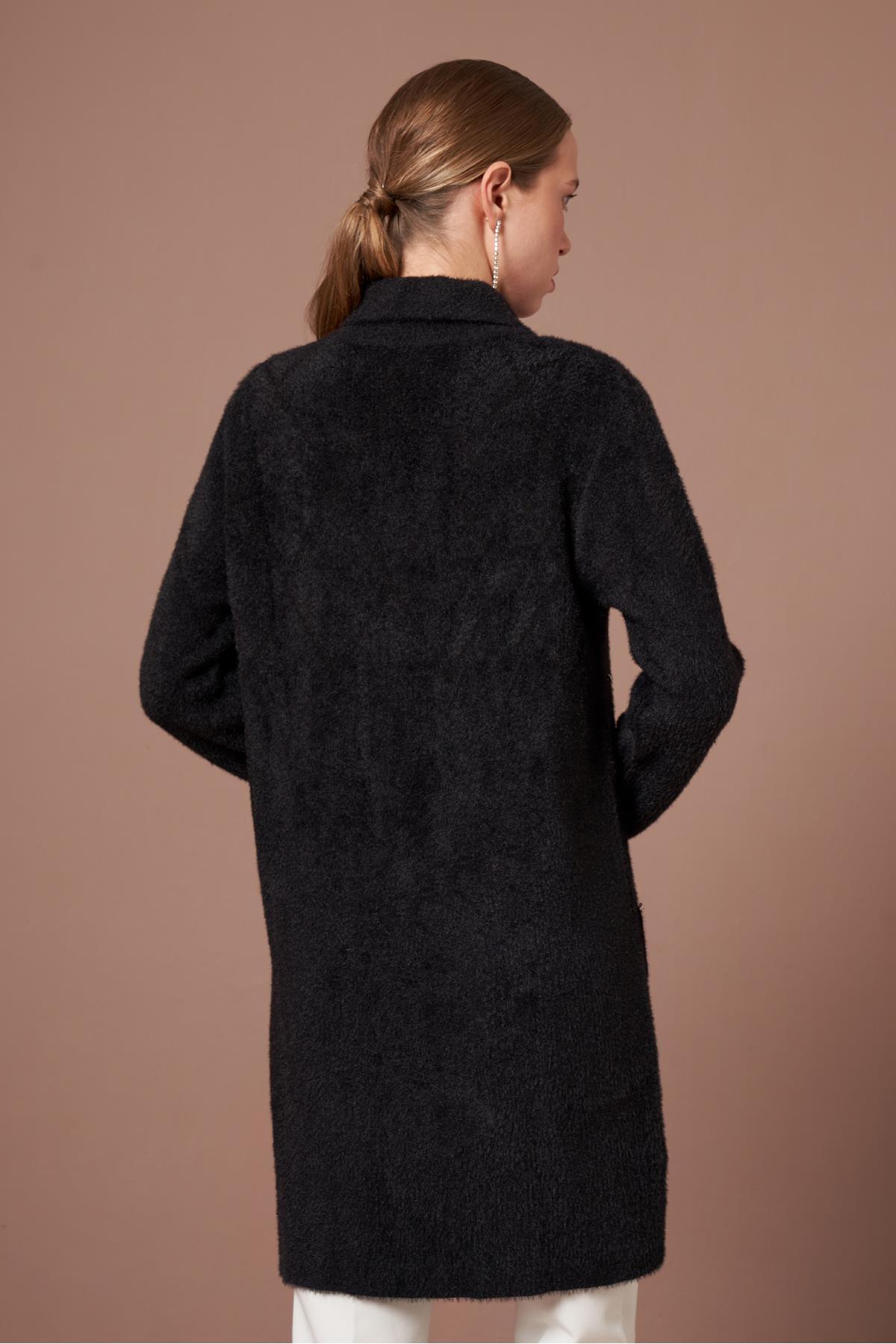 FTZ WOMEN  Kadın İnci Detay Angora Kaban Siyah 25040 - Görsel 5